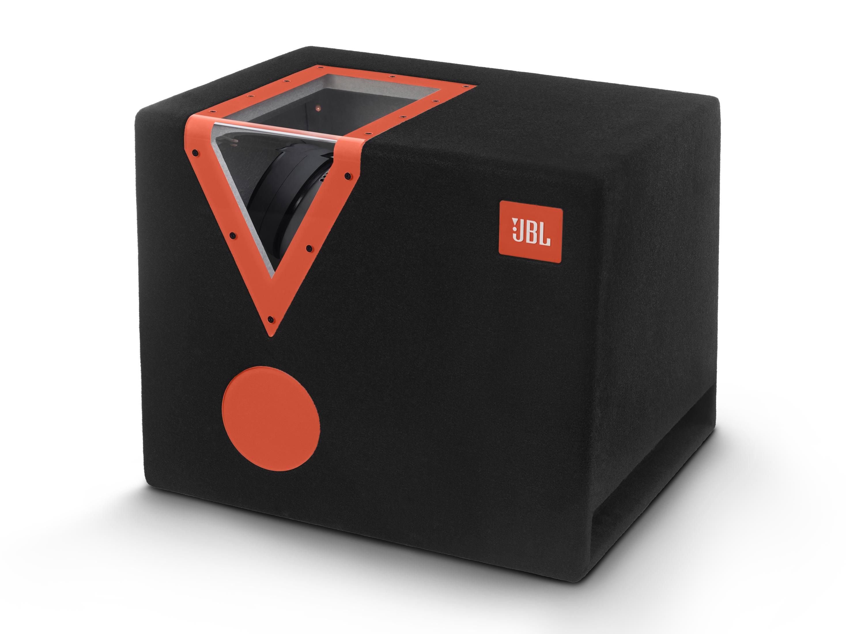 Box subwoofer nero con accenti arancioni e logo JBL.