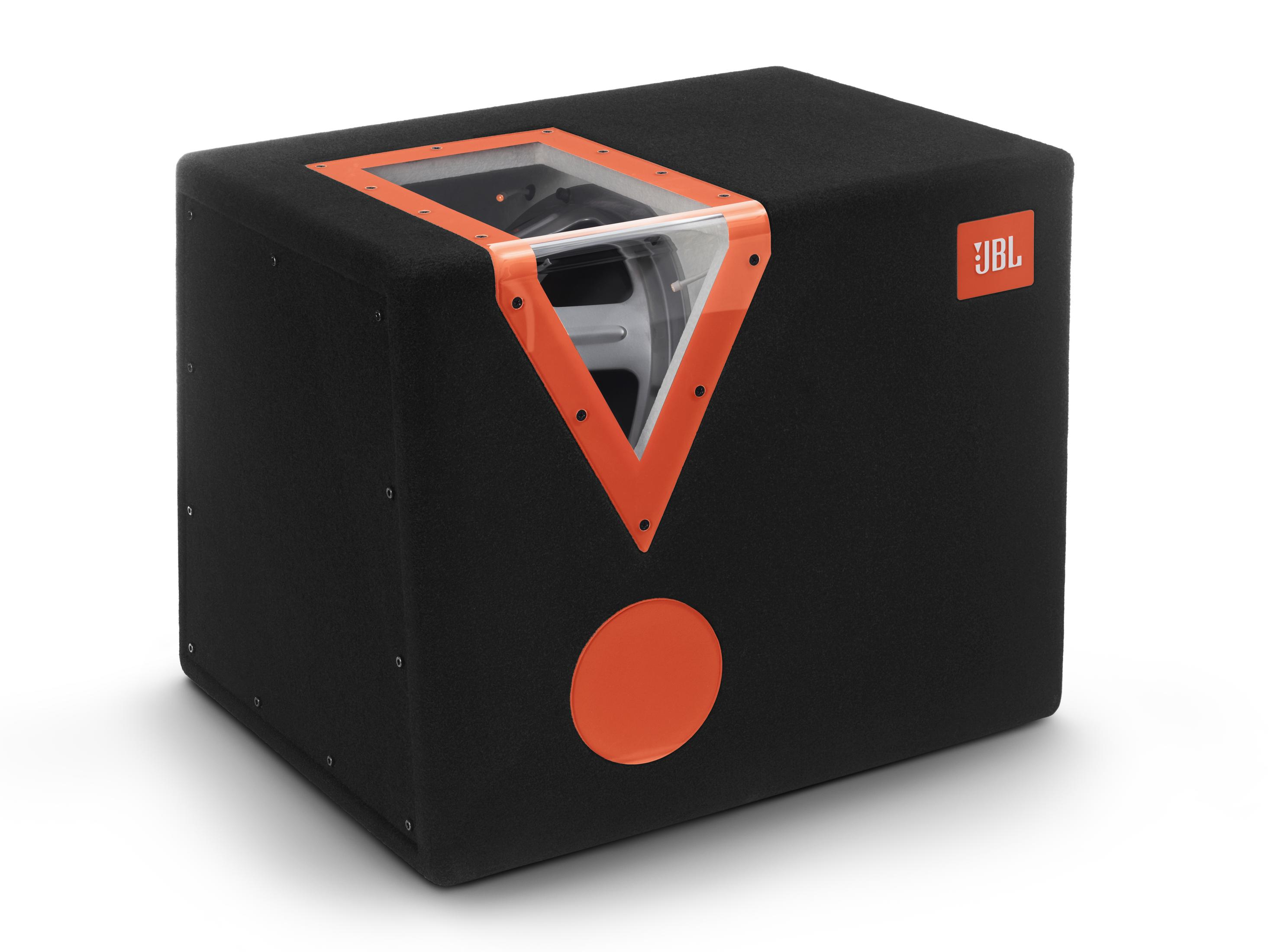 Subwoofer nero con accenti arancioni e logo JBL.
