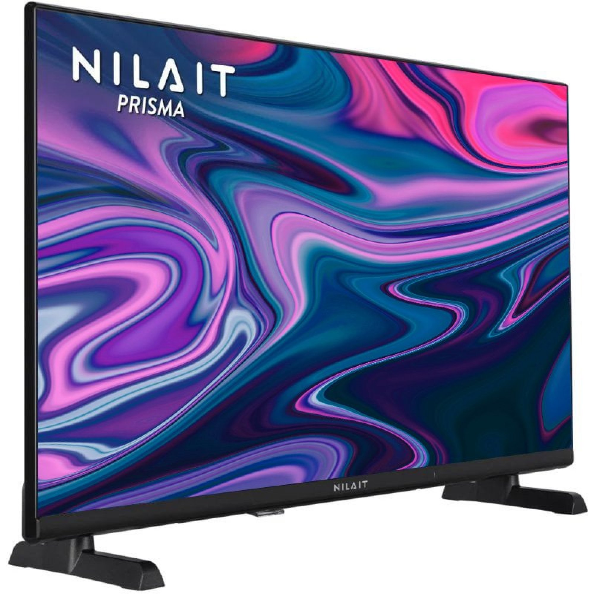 Un televisore con schermo che mostra un motivo astratto e vorticoso viola e blu, su supporto.