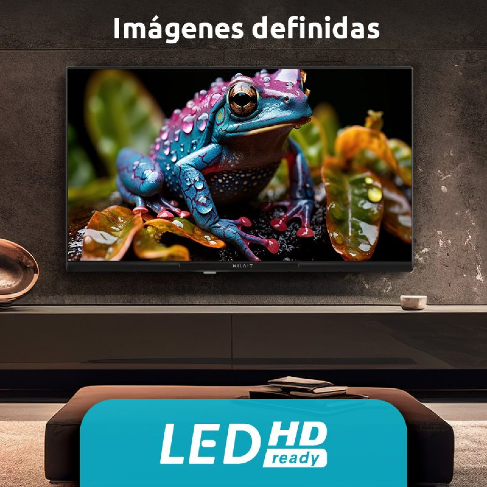 Una rana blu e rosa con gocce d'acqua visualizzata su uno schermo TV.