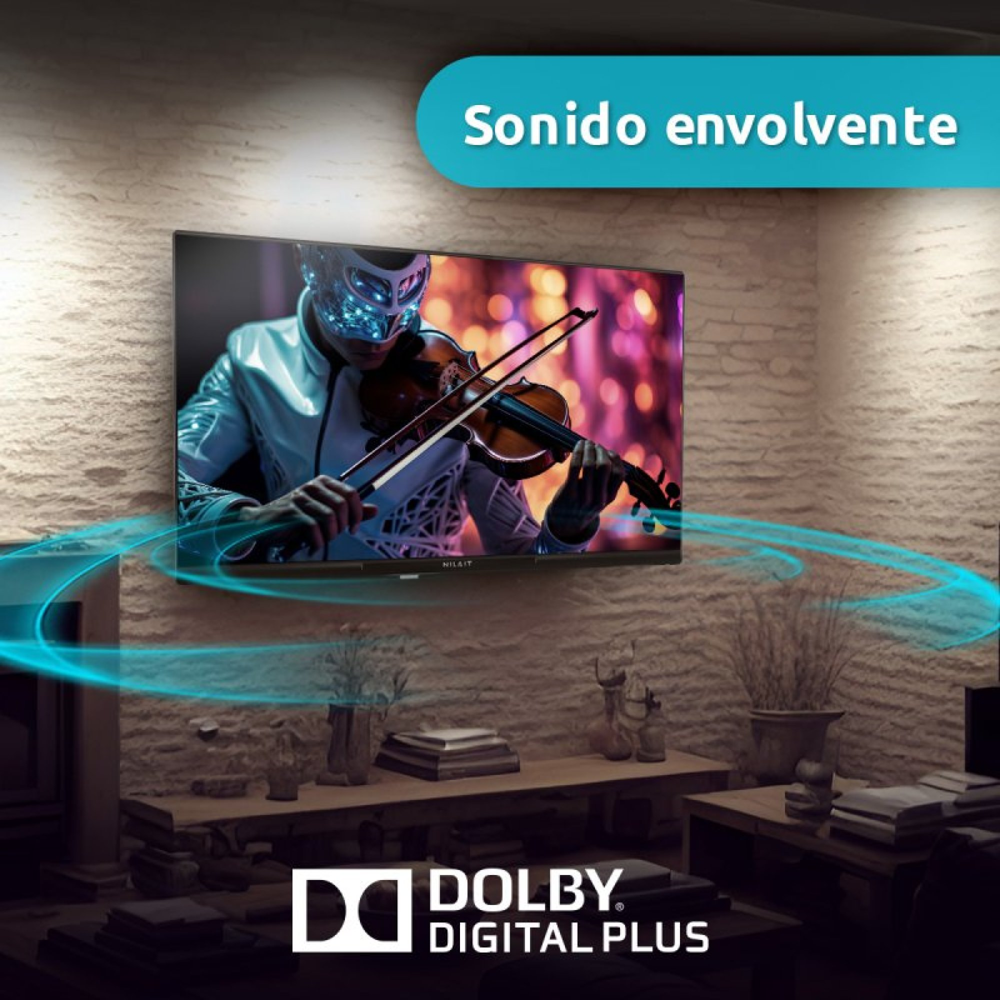 Persona mascherata suona il violino con onde sonore blu da un televisore.