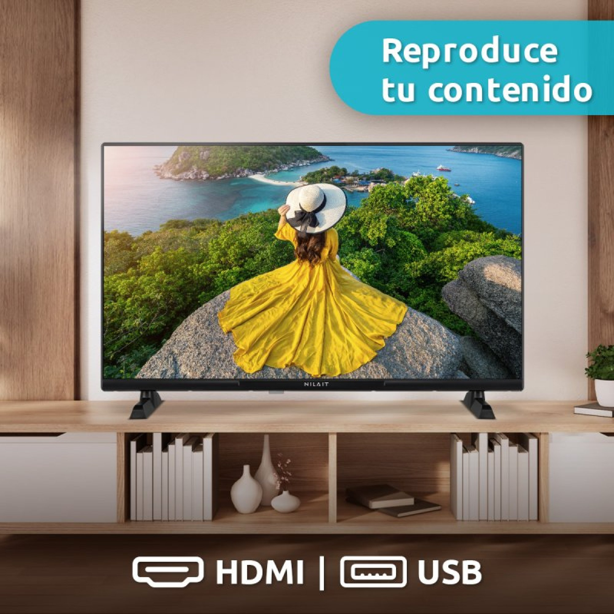 Una TV mostra una donna in abito giallo e cappello su una scogliera vista mare.