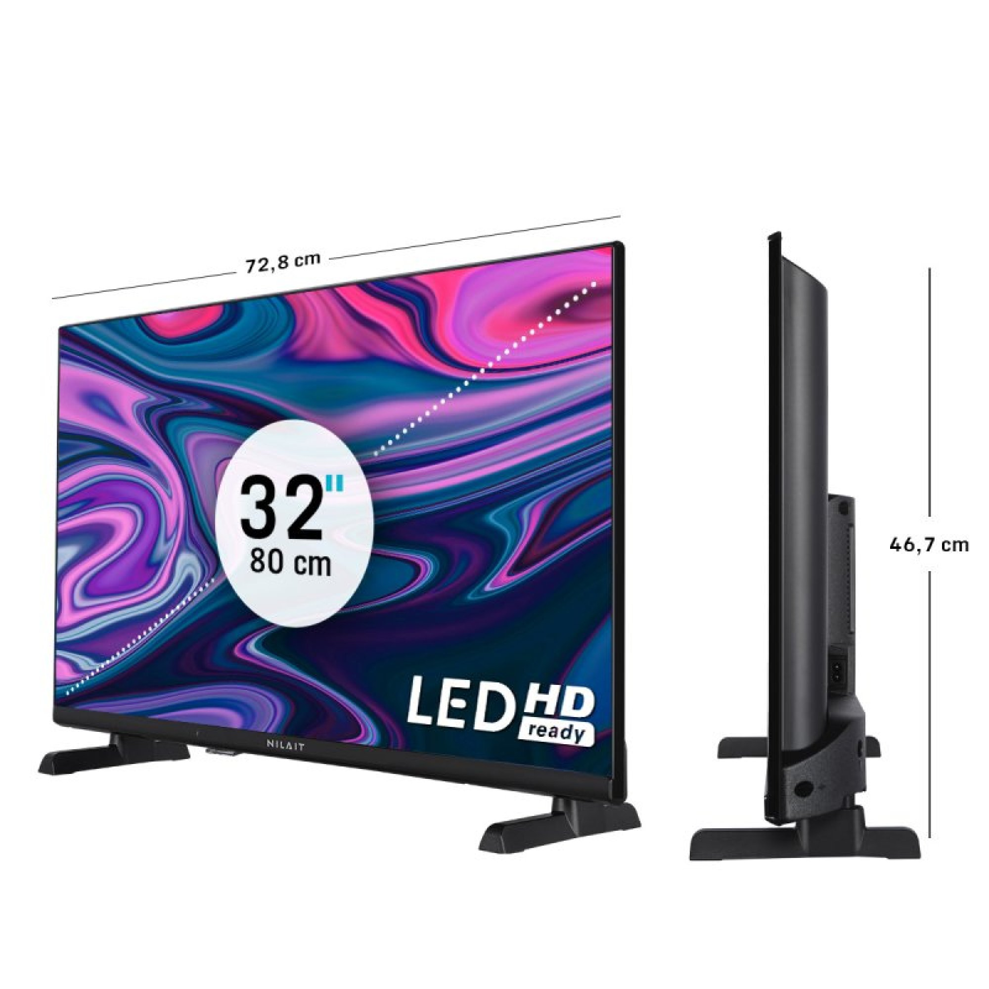 TV LED HD Ready da 32 pollici con supporto nero e dimensioni.
