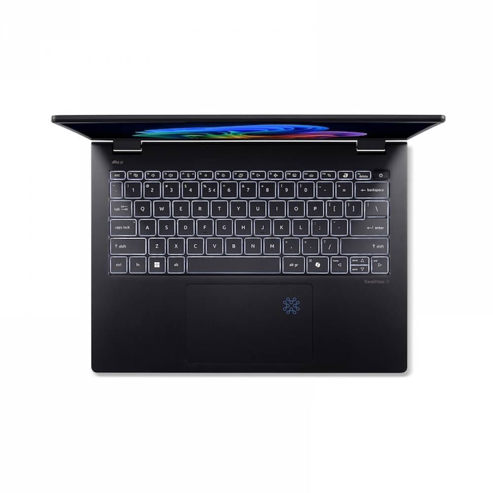 Un laptop nero aperto con tastiera e touchpad retroilluminati.