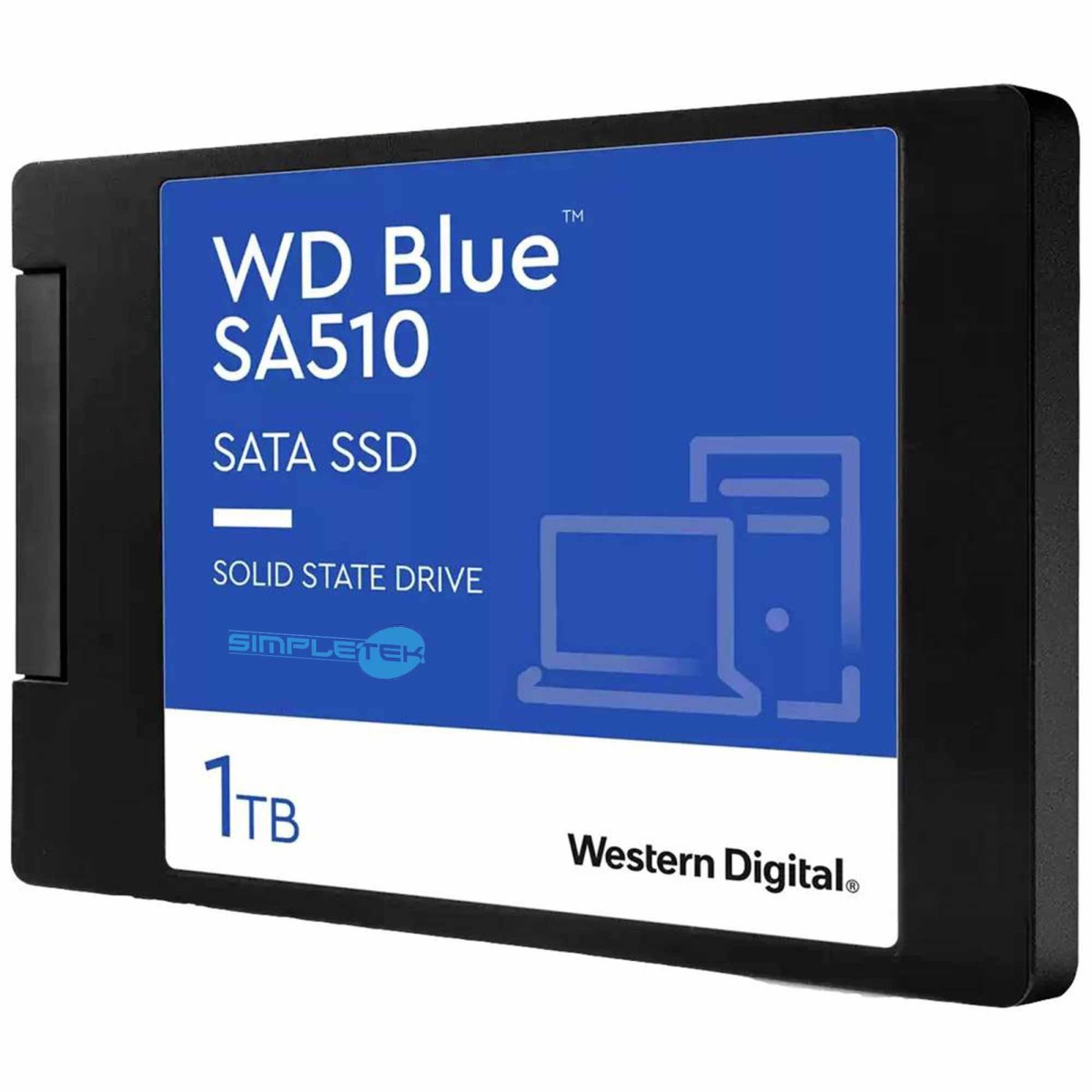 Un SSD SATA WD Blue SA510 1TB Solid State Drive noir avec étiquette bleue.