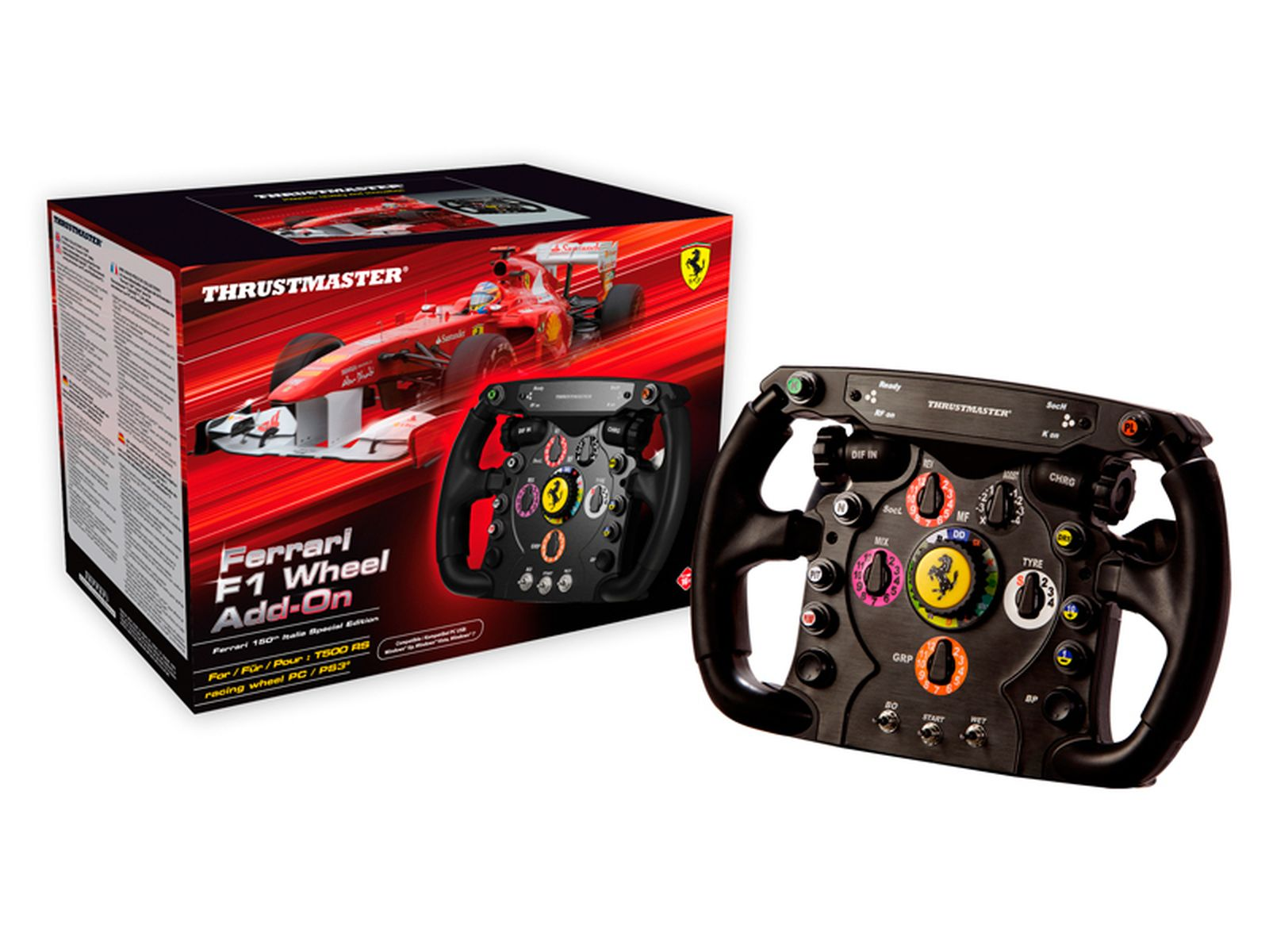 Volante Thrustmaster Ferrari F1 y caja con gráfico de coche F1. Diseño realista detallado.