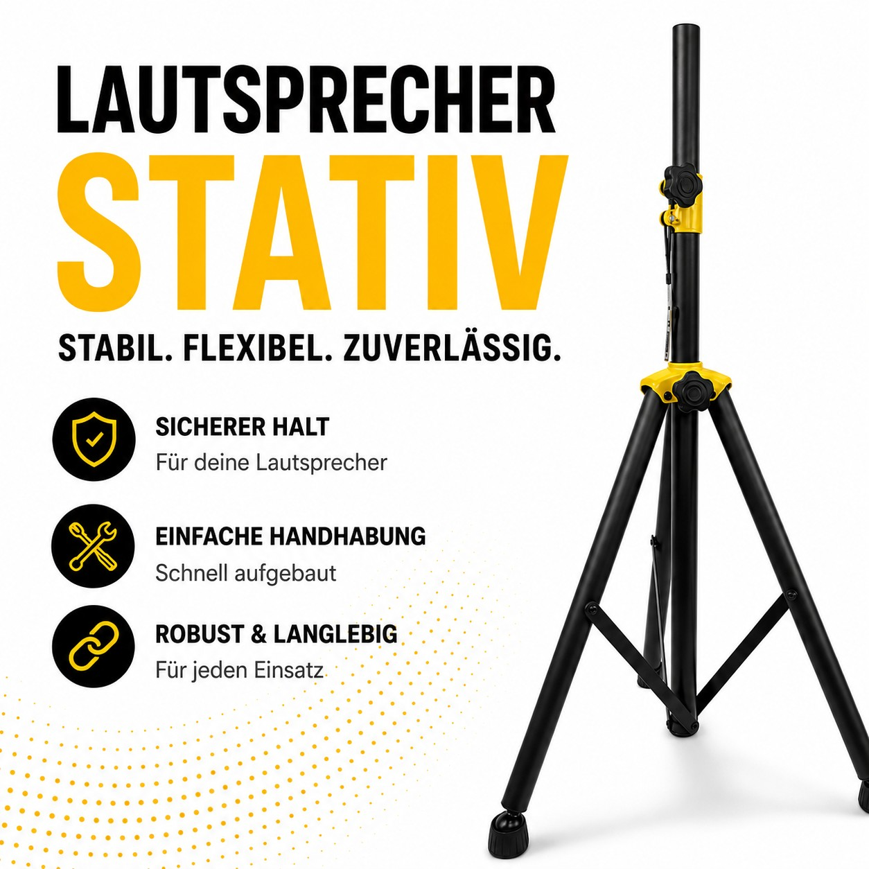 Ein schwarzes Lautsprecherstativ mit gelben Akzenten steht auf weißem Hintergrund.