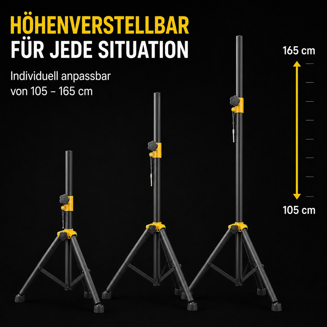Drei schwarze Stativständer mit gelben Akzenten, Höhen von 105-165 cm.