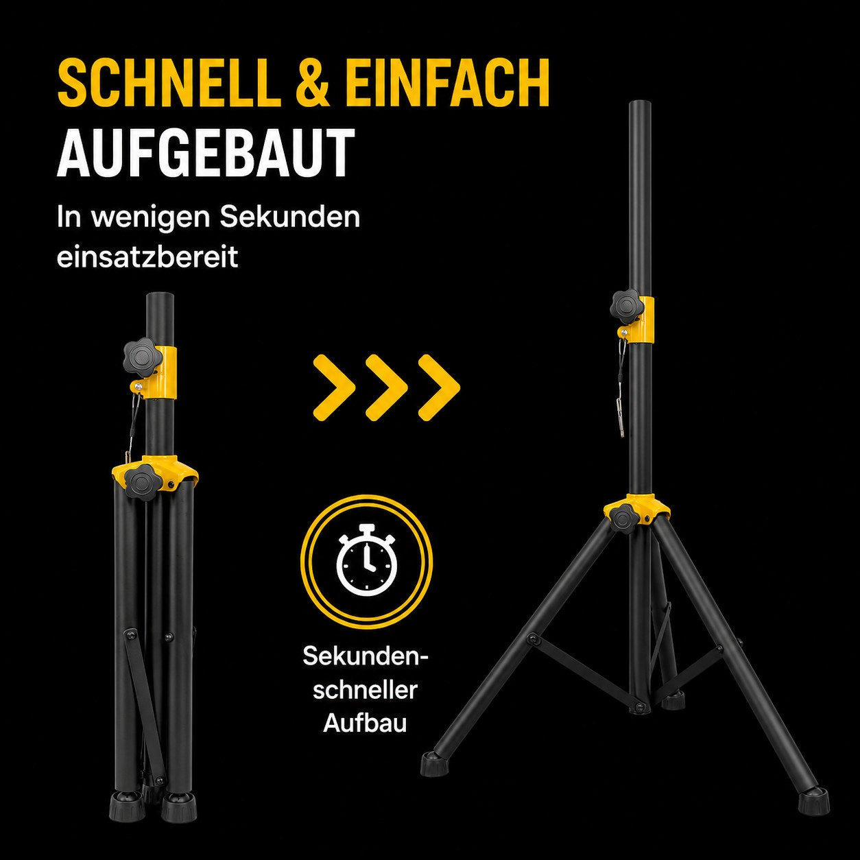 Ein schwarzer und gelber Stativ mit einer Schnellanleitung.