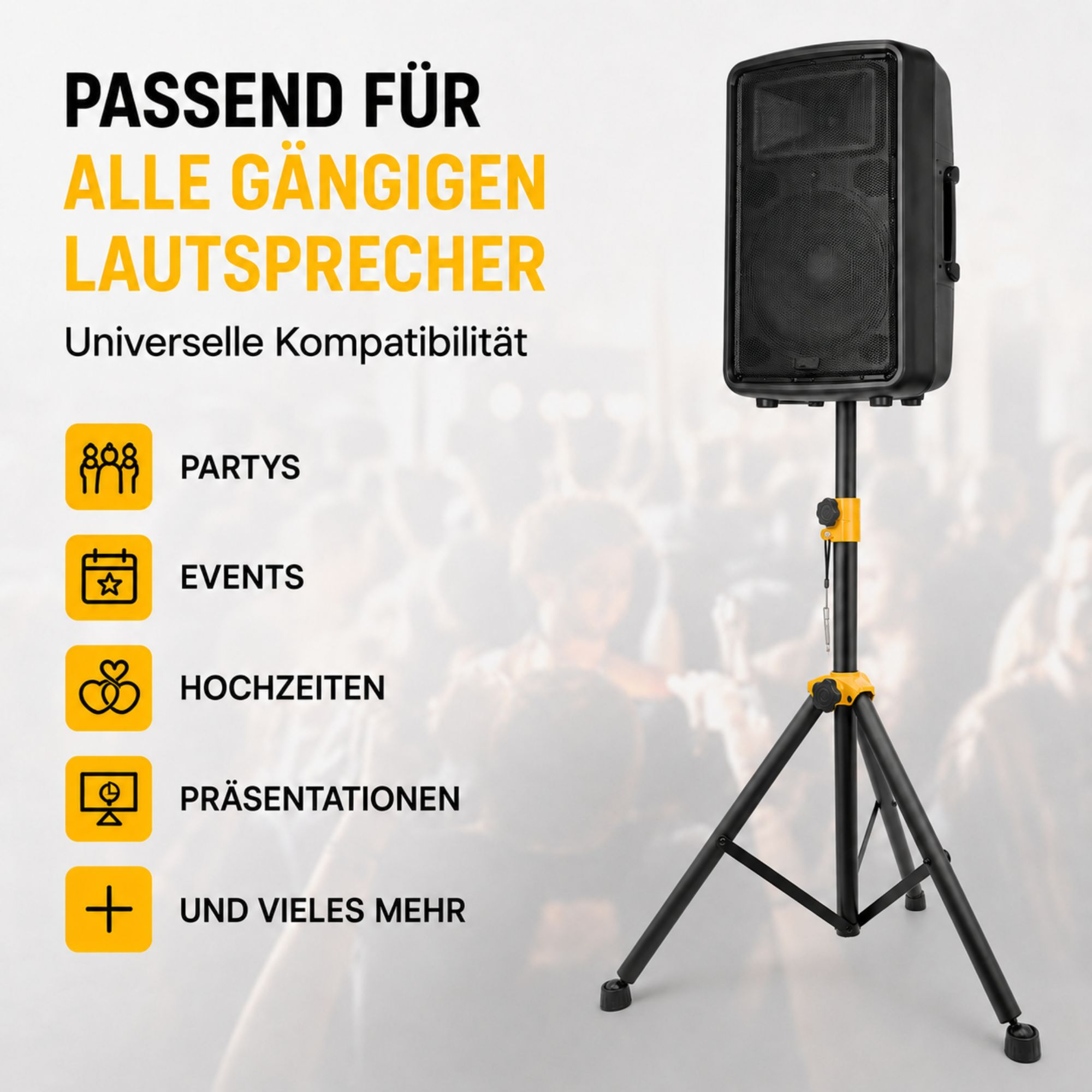 Schwarzer Lautsprecher auf einem Stativ, passend für Partys, Events, Hochzeiten.