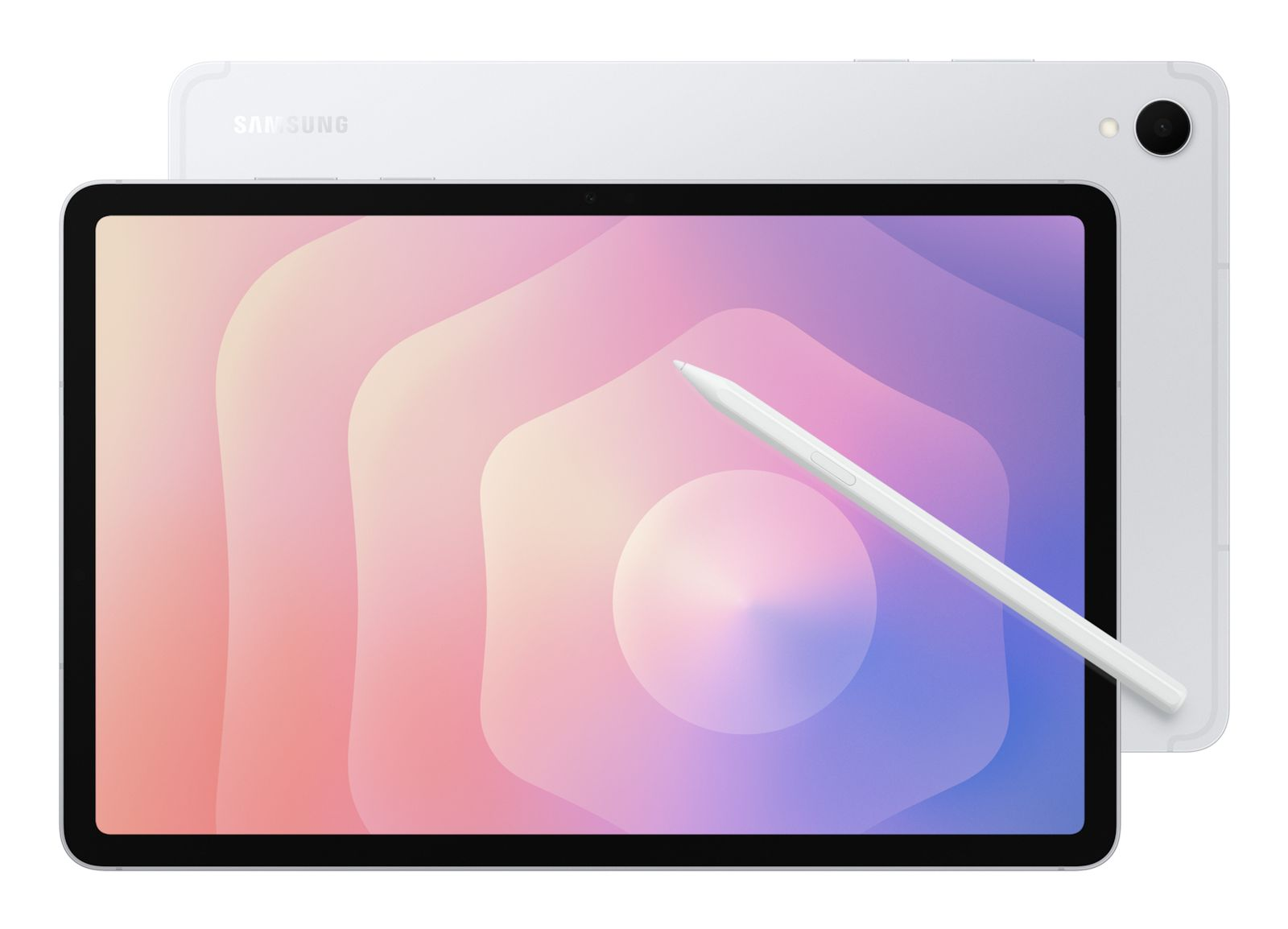 Un tablet Samsung bianco con uno stilo, che mostra uno sfondo astratto colorato.