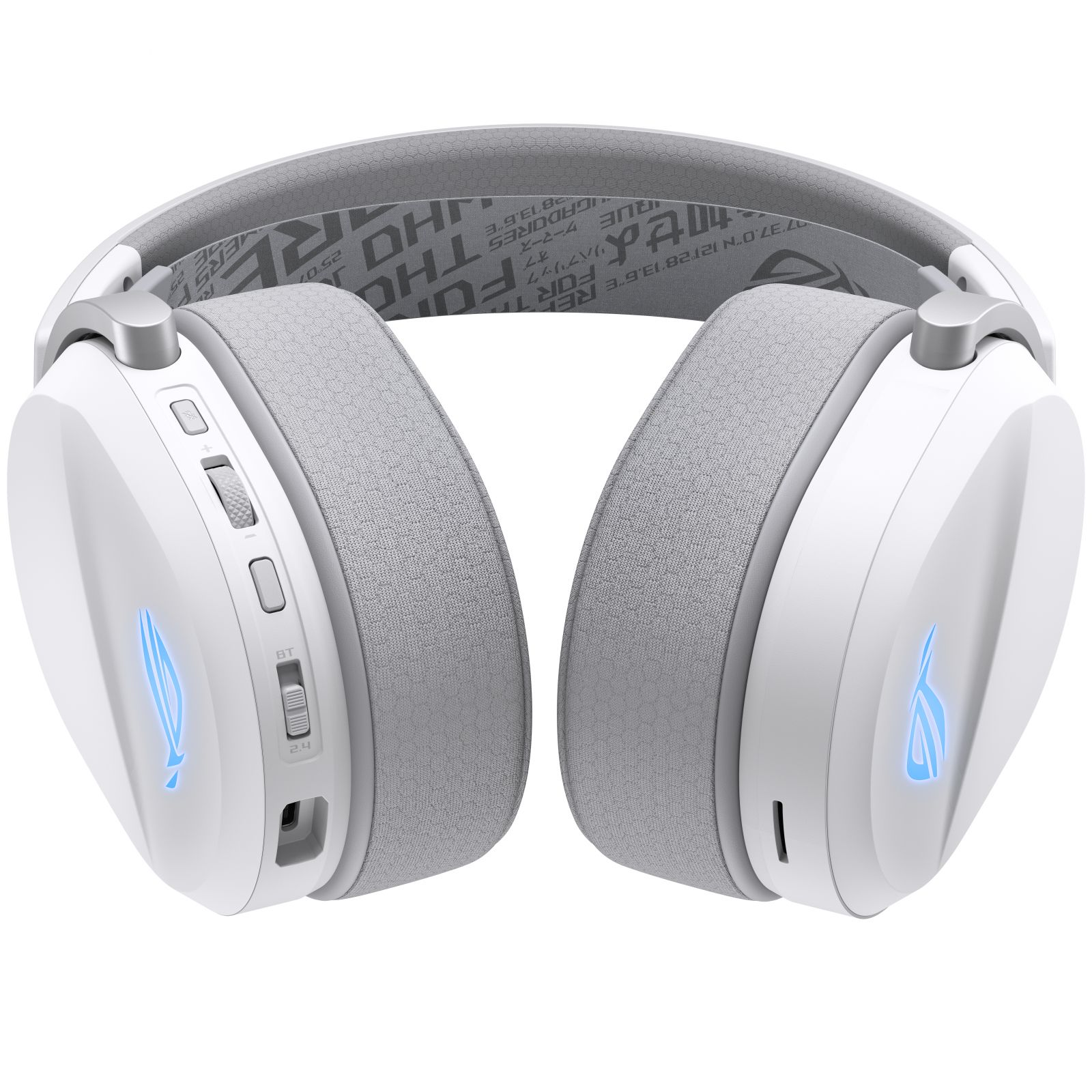 White gaming headset with gray fabric earcups and glowing blue logo on earcups.