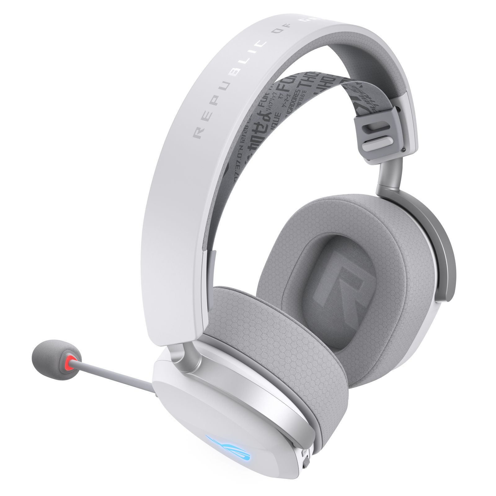 White headset with microphone and grey headband. ROG logo on earcups.