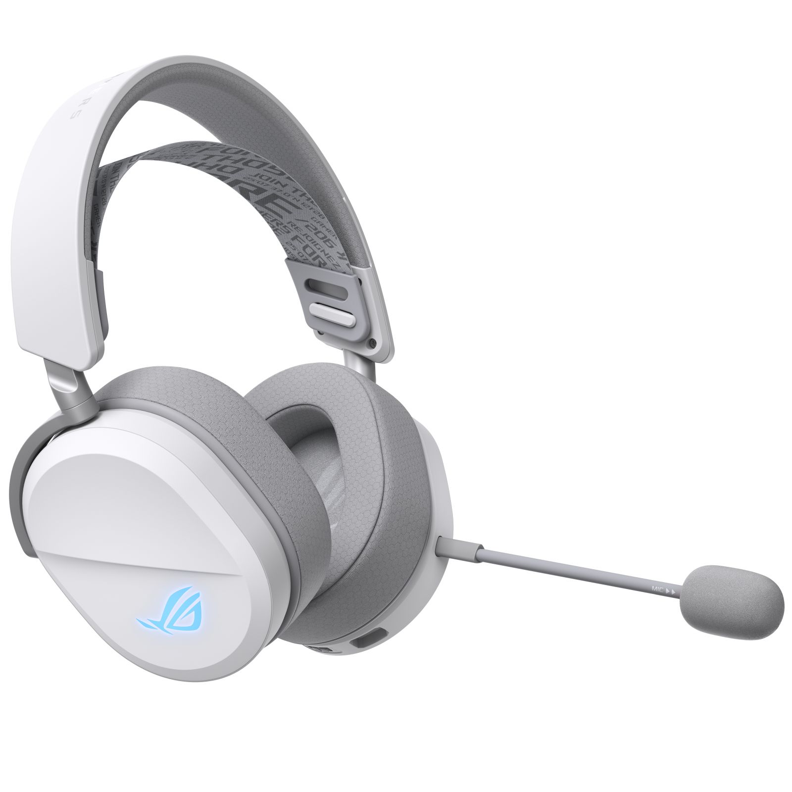 A white and gray gaming headset with a blue ROG logo and microphone.