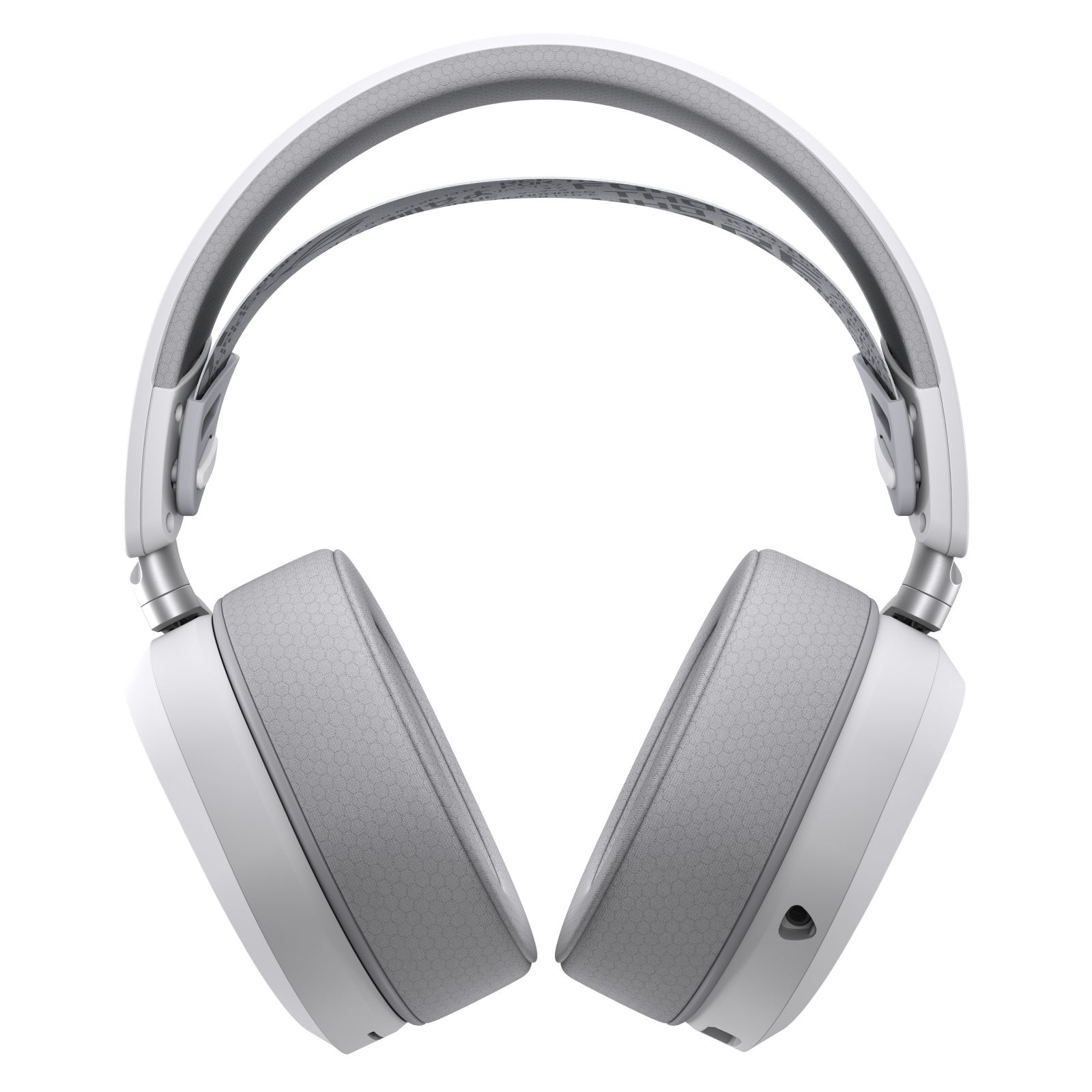 White and grey headphones with padded earcups and an adjustable headband.