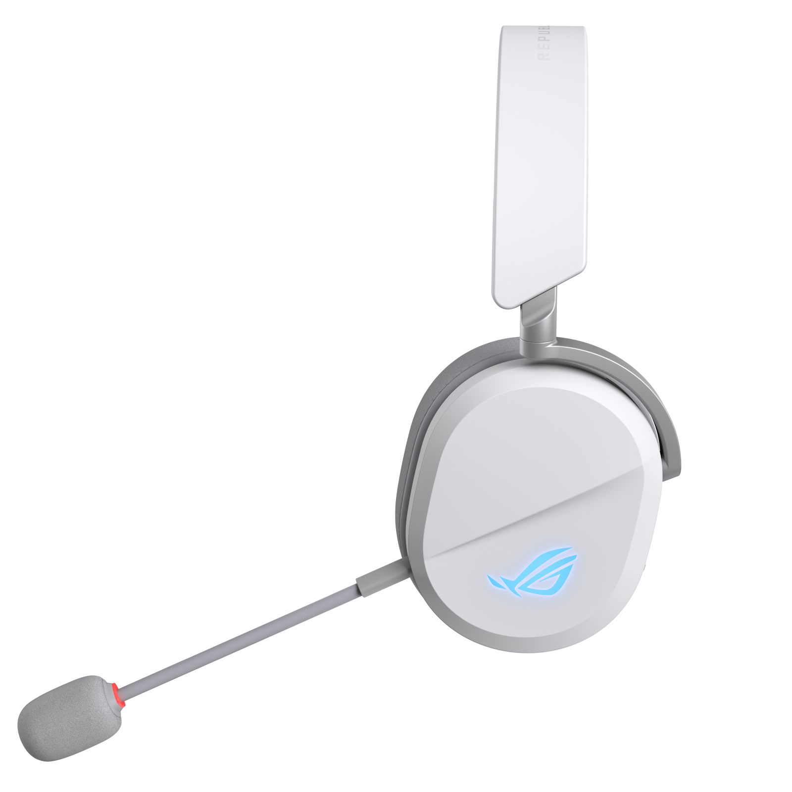 White headset with a microphone and a blue ROG logo.