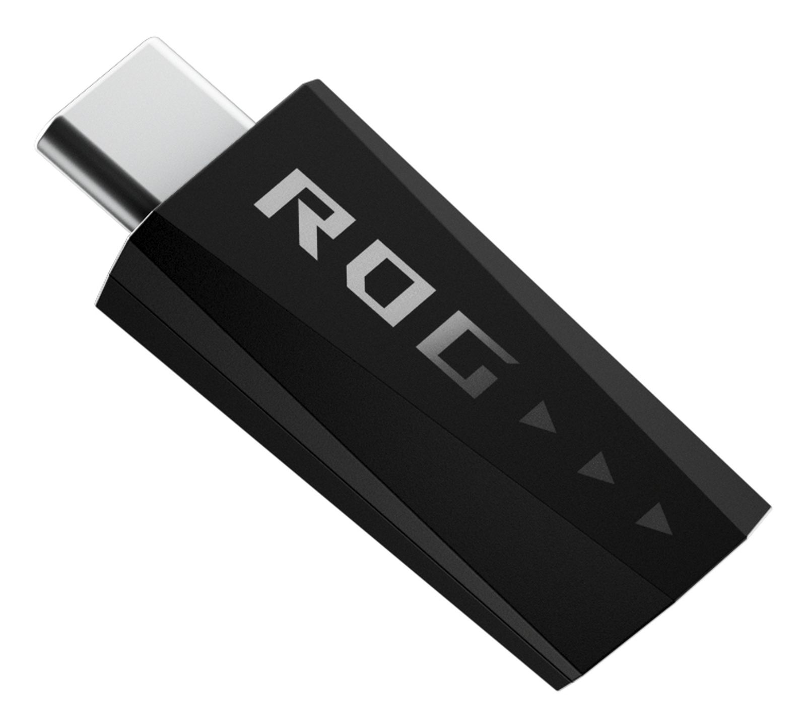 Schwarzer USB-C-Adapter mit ROG-Logo und silbernem Anschluss.
