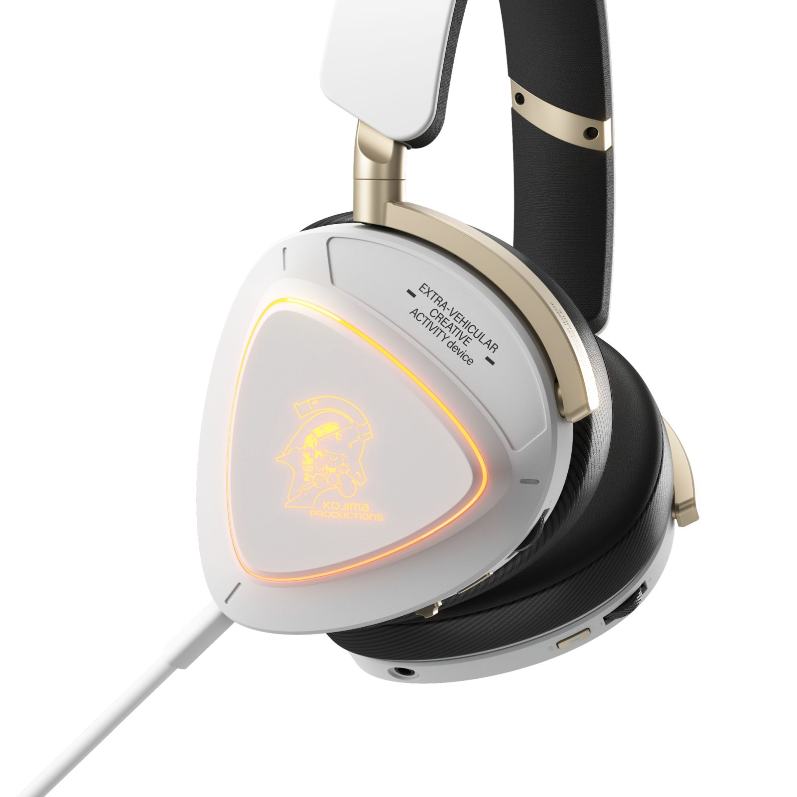 Weißes Headset mit goldenen Akzenten und leuchtendem Logo. Kabel und Ohrpolster sind schwarz.