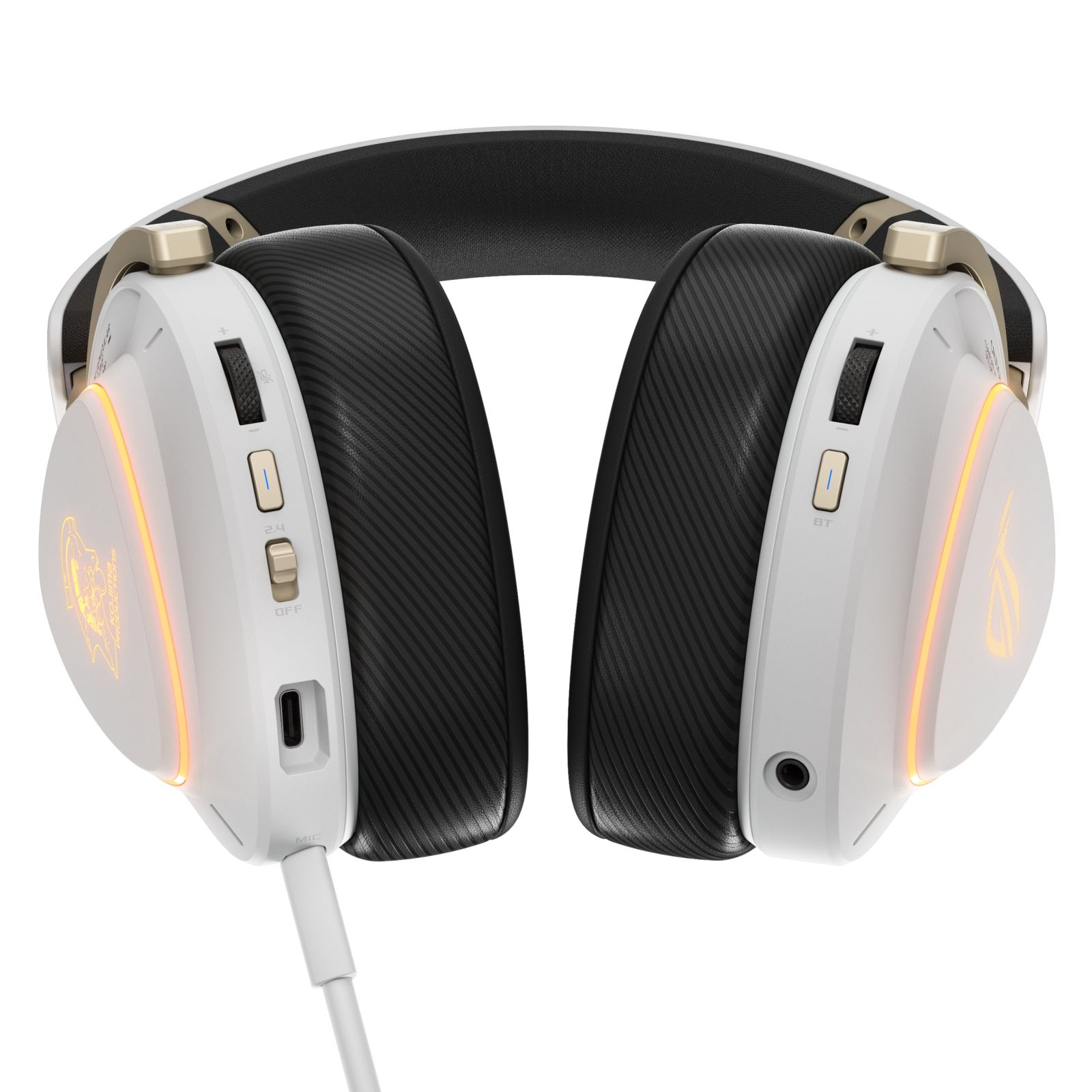 Weiße Gaming-Kopfhörer mit schwarzen Ohrpolstern, Goldakzenten und orangefarbener RGB-Beleuchtung.