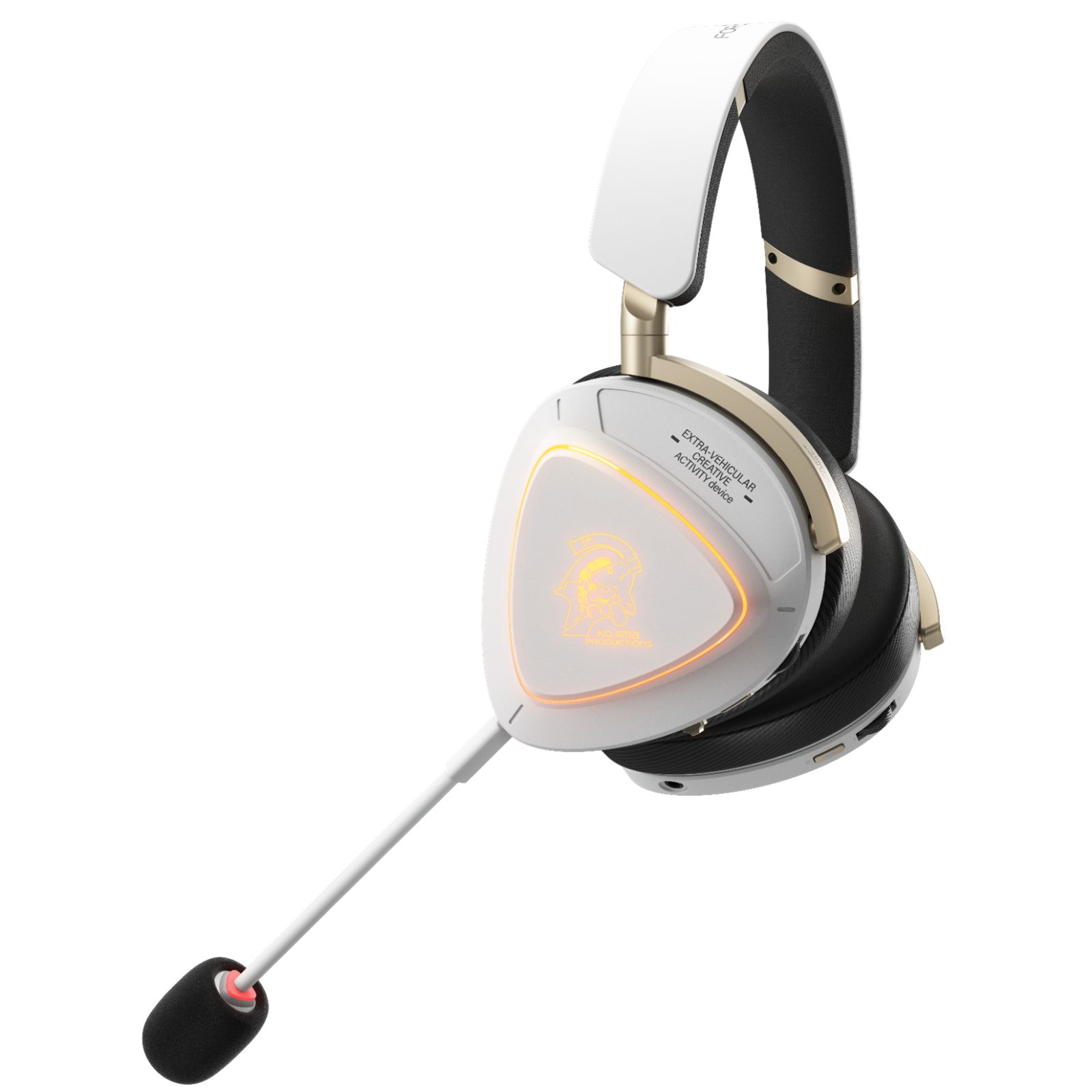 Weißes Headset mit Mikrofon, goldenen Akzenten und beleuchtetem Logo.