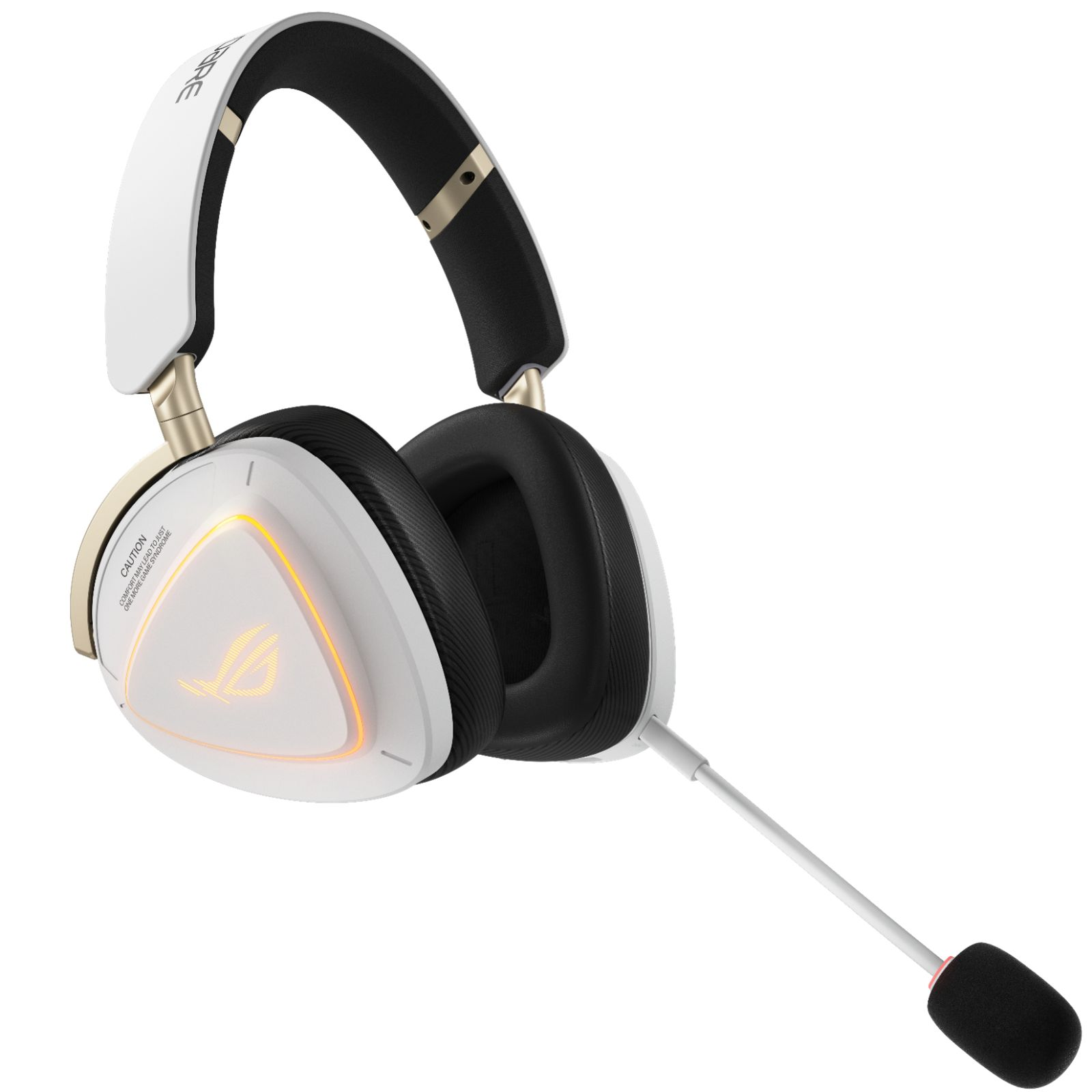 Weißes Gaming-Headset mit beleuchtetem Logo und Mikrofon.
