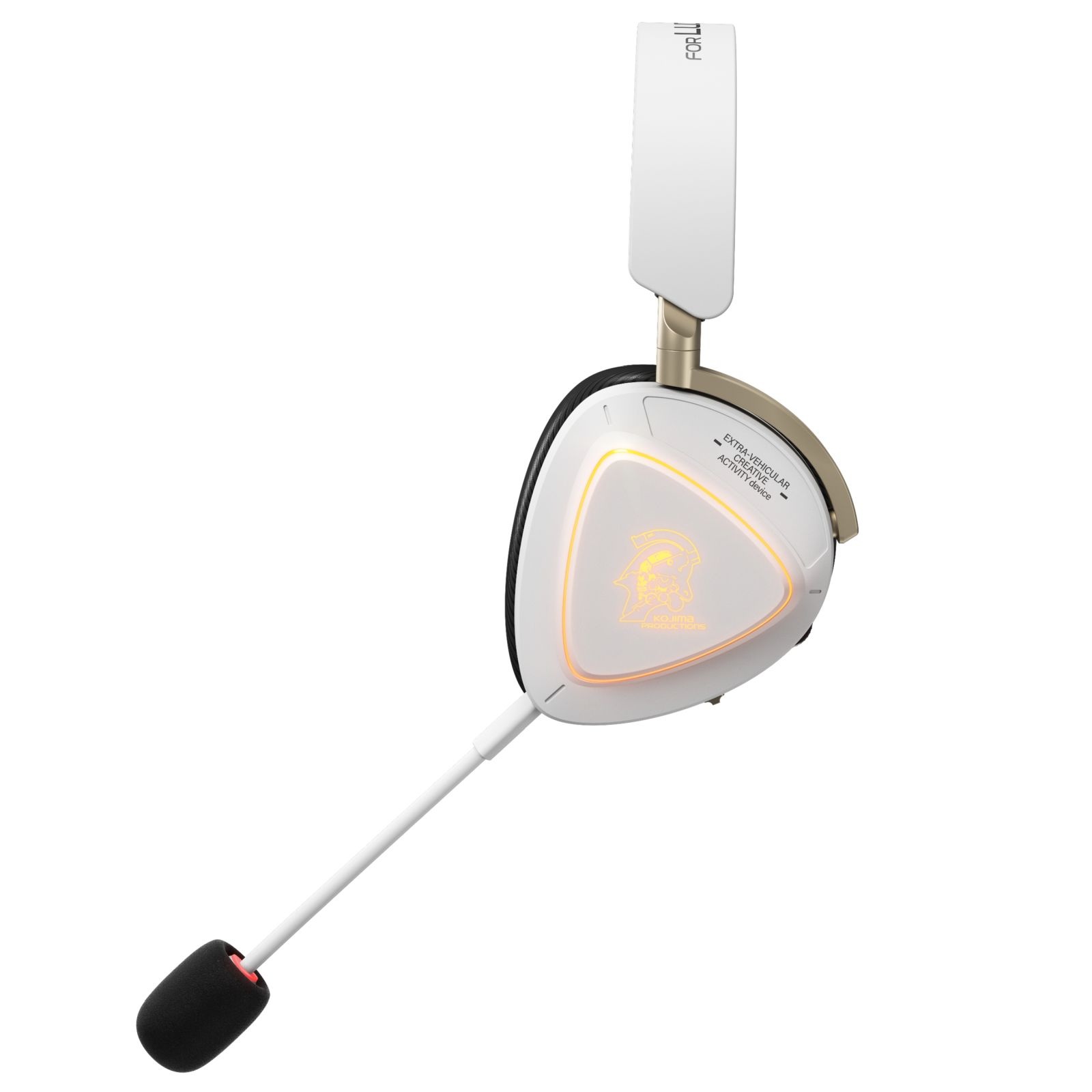 Weißes Headset mit Mikrofon, beleuchtetem Dreieck und Logo.
