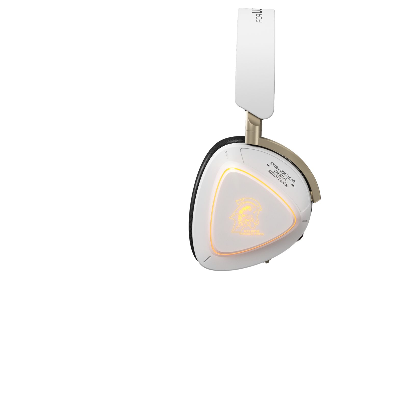 Weißes Headset mit goldener Zierleiste und leuchtendem Logo.