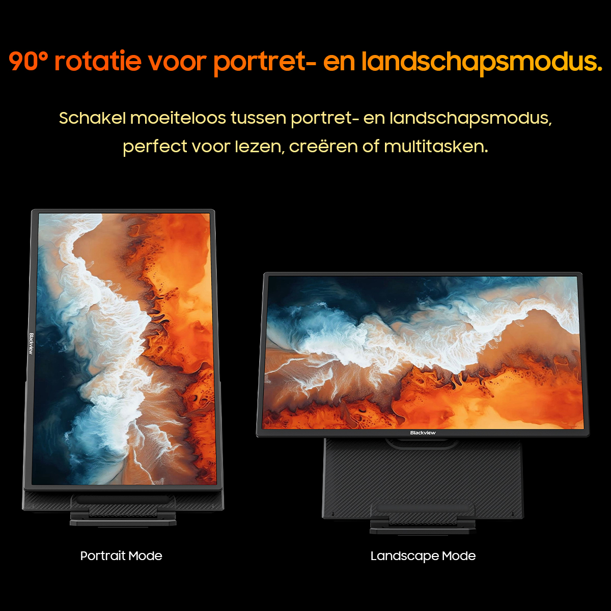 Twee monitoren, één staand, één liggend, tonen abstracte kunst.