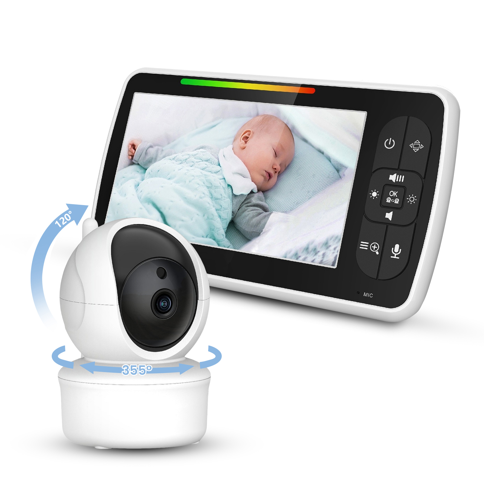 Weiße Babykamera und Bildschirm zeigen schlafendes Baby. Kamera schwenkt 355°, neigt 120°.