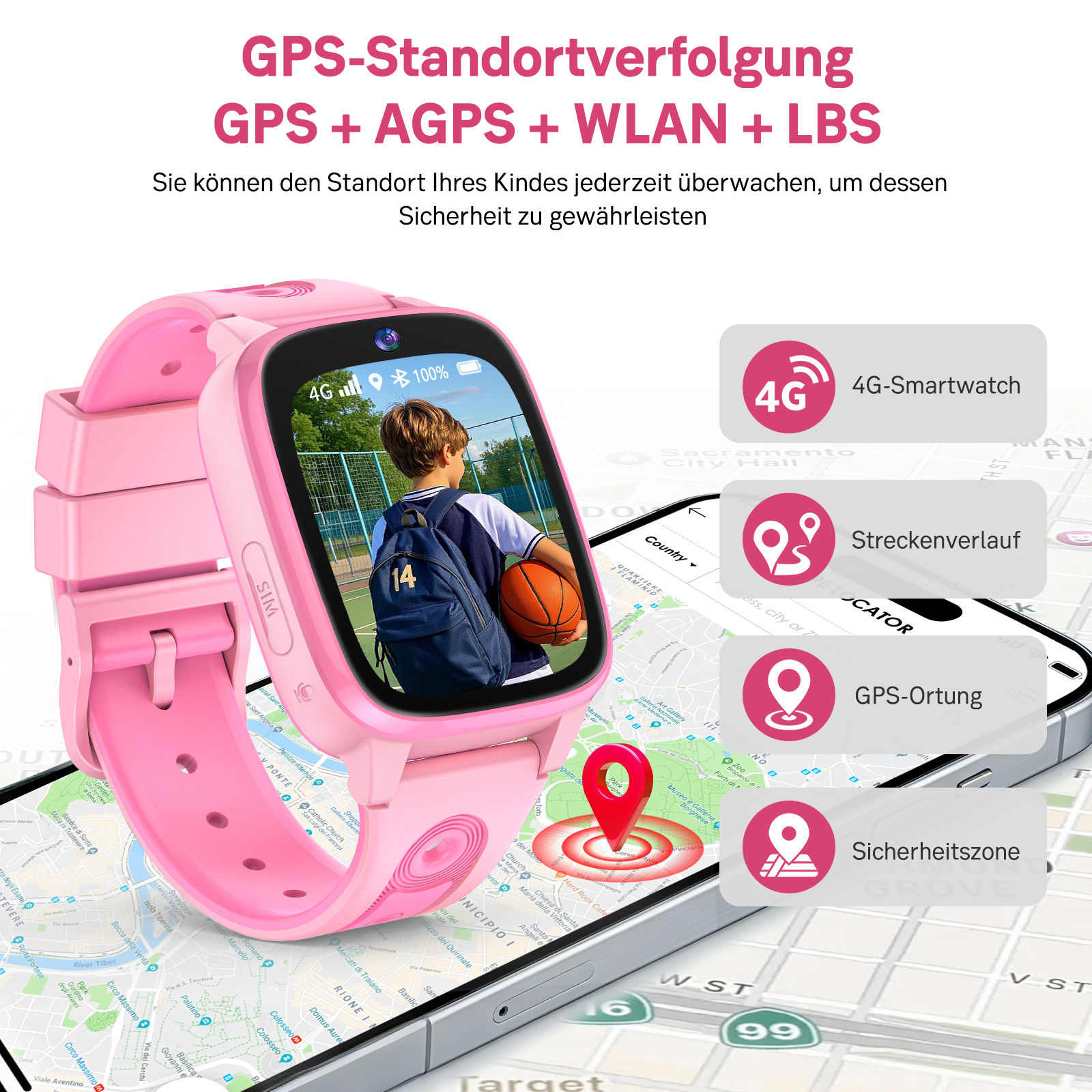 Eine rosafarbene Smartwatch zeigt einen Jungen mit Rucksack und Ball. Überlagerungen zeigen GPS-Funktionen.
