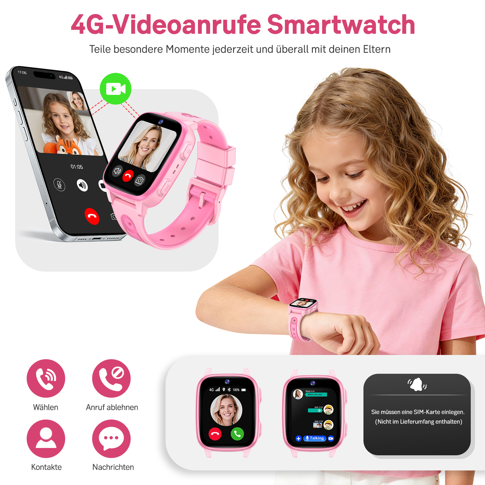 Ein Mädchen mit einem rosa Smartwatch-Telefon, das Videoanrufe tätigt.