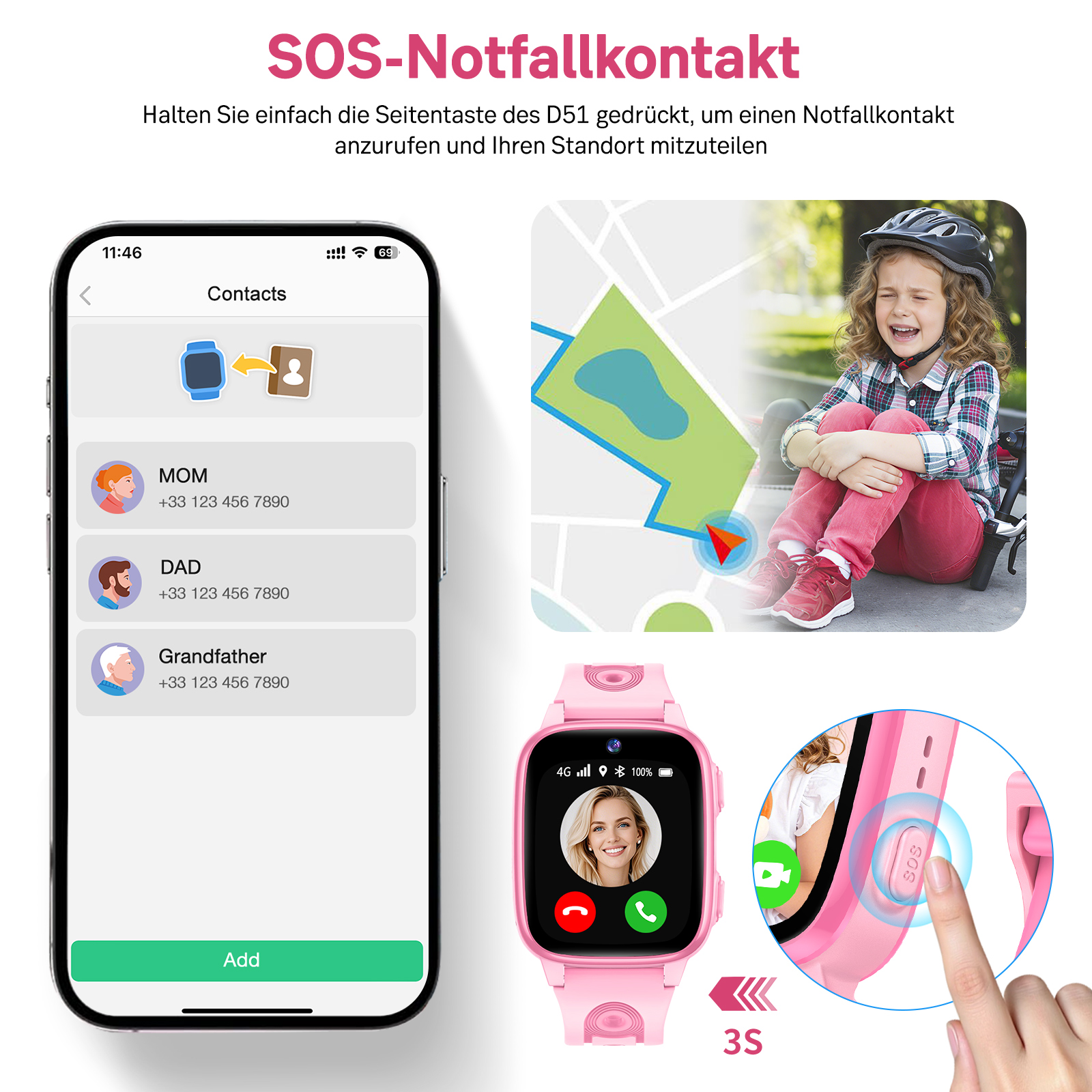 Bildschirm eines Smartphones mit Kontakten, einer Karte und einer Kinderuhr.