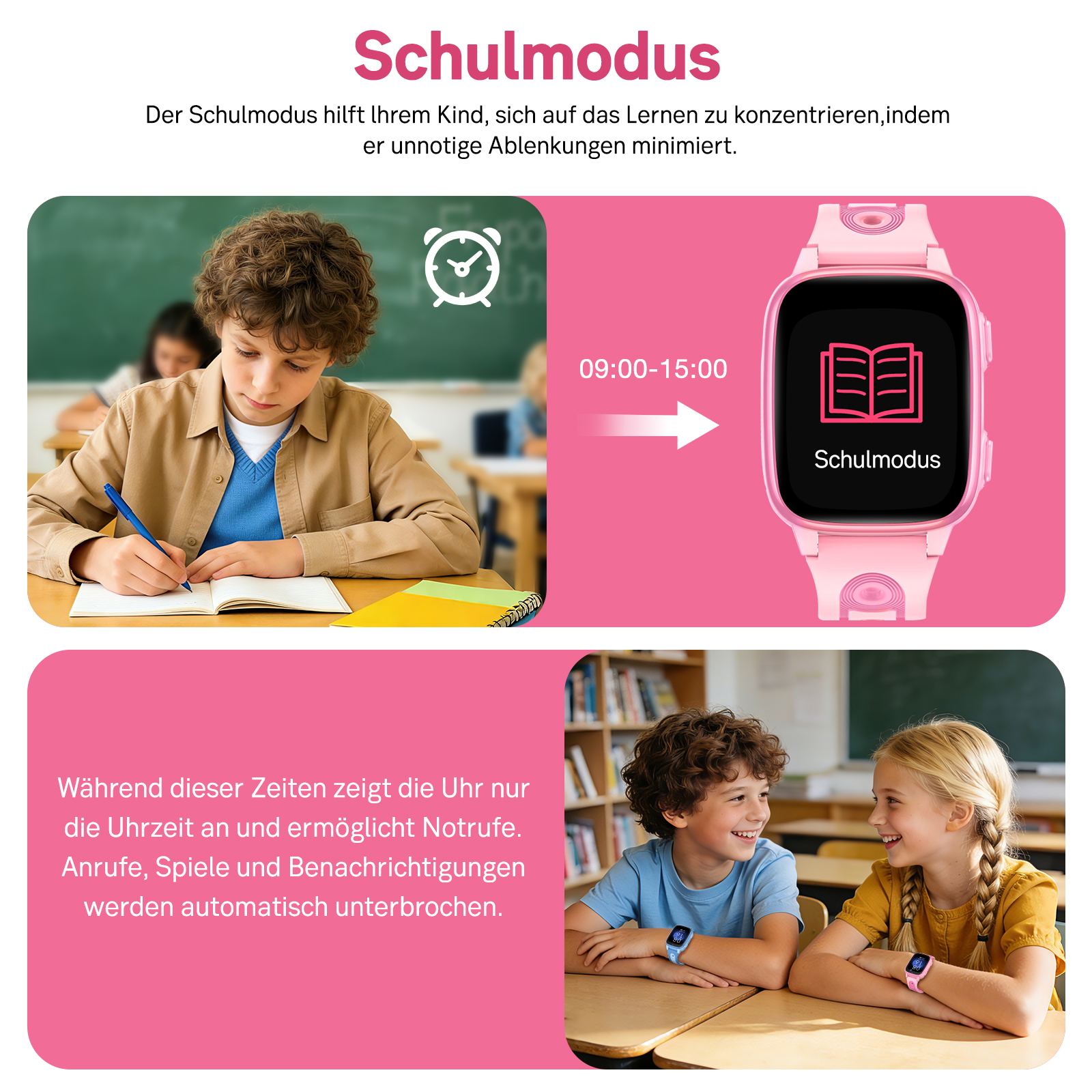 Junge konzentriert sich auf das Schreiben, während ein rosa Smartwatch Schulmodus zeigt.