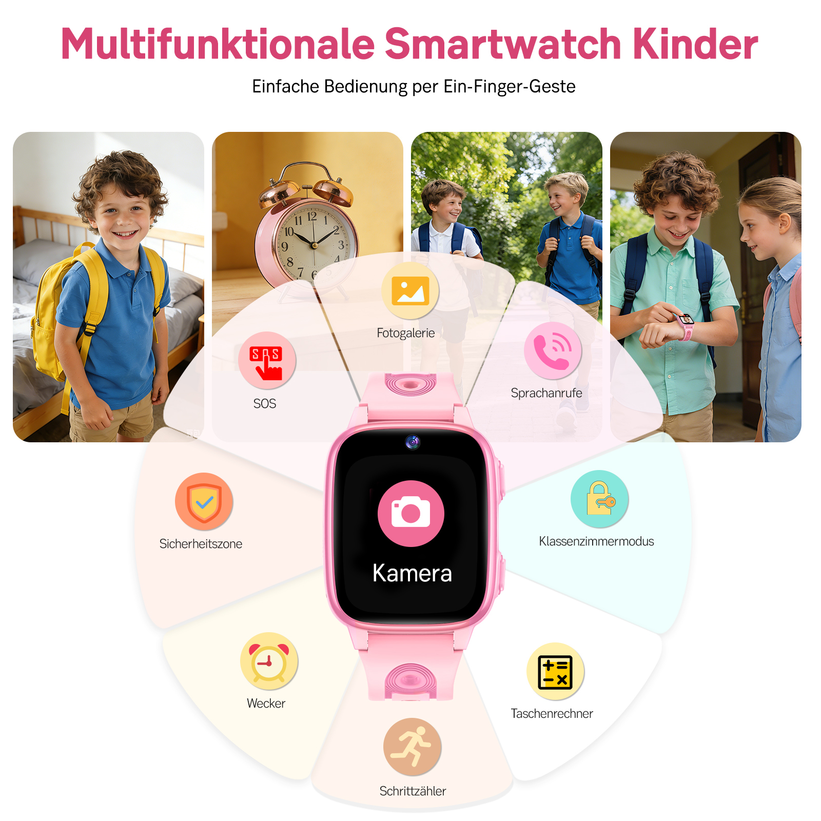 Kinder Smartwatch mit Kamera, SOS, Wecker und mehr.