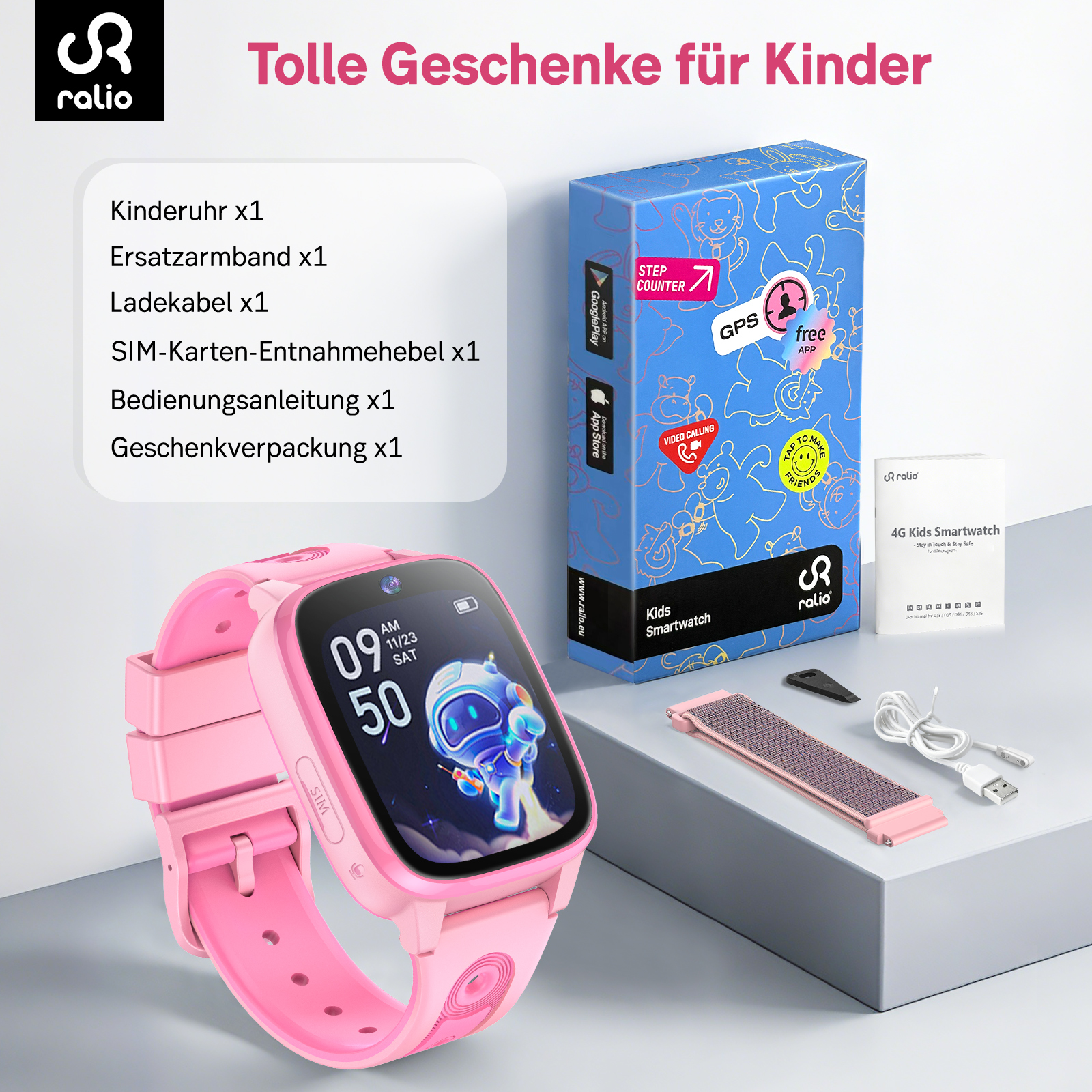 Rosa Kinder Smartwatch mit Zubehör und Geschenkbox, auf einem Tisch liegend.