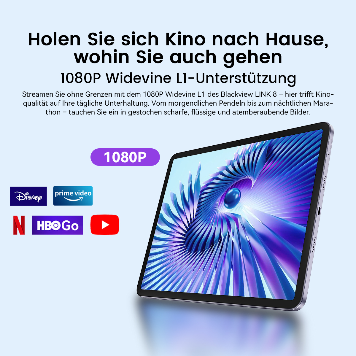 Tablet mit 1080P-Unterstützung, zeigt Streaming-Dienste-Logos und abstraktes Hintergrundbild.