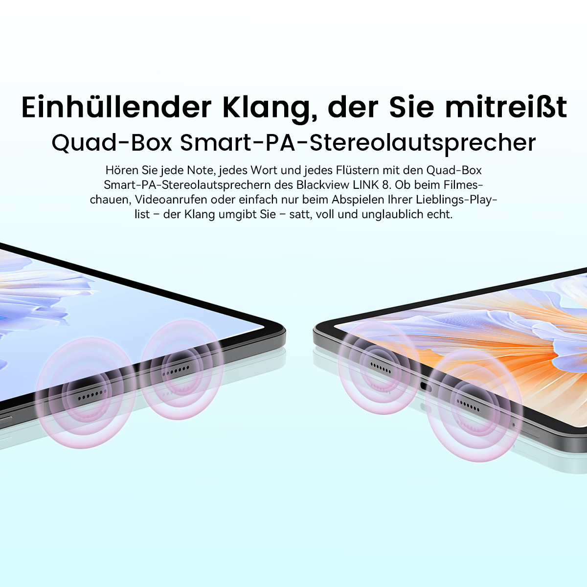 Zwei Tablets mit visuellen Klangwellen, die aus ihren Lautsprechern kommen.