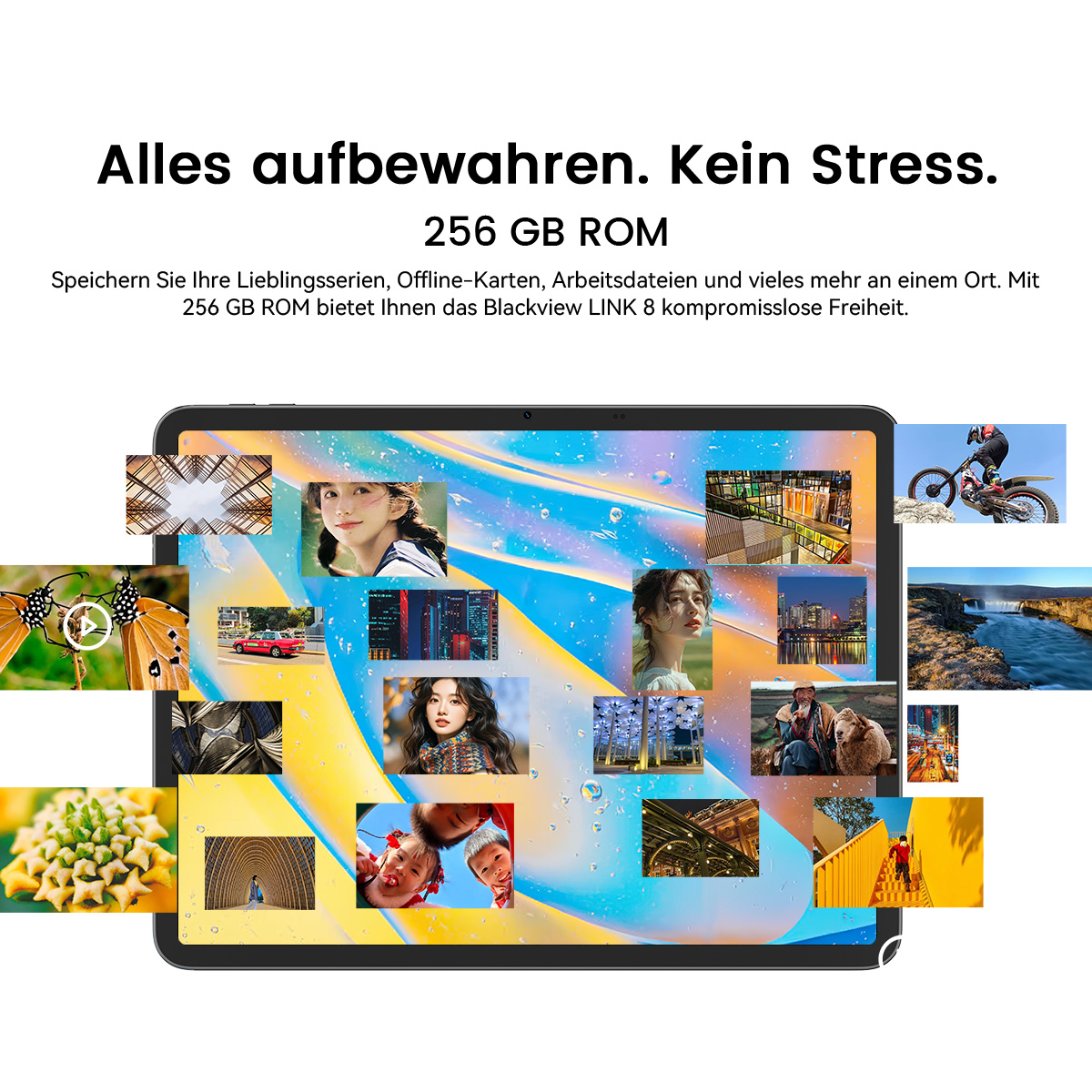 Tablet mit vielen kleinen Bildern, die darauf angezeigt werden, z.B. Schmetterlinge, Gesichter, Motocross.