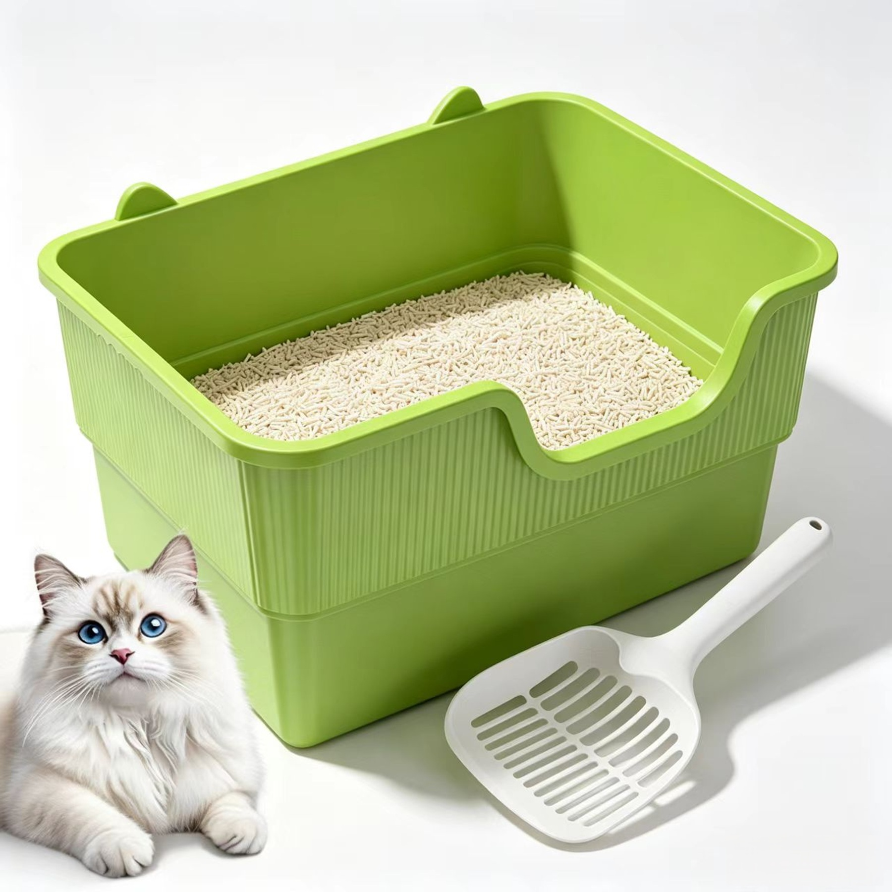 Eine Katze liegt neben einer grünen Katzentoilette mit einer Schaufel.