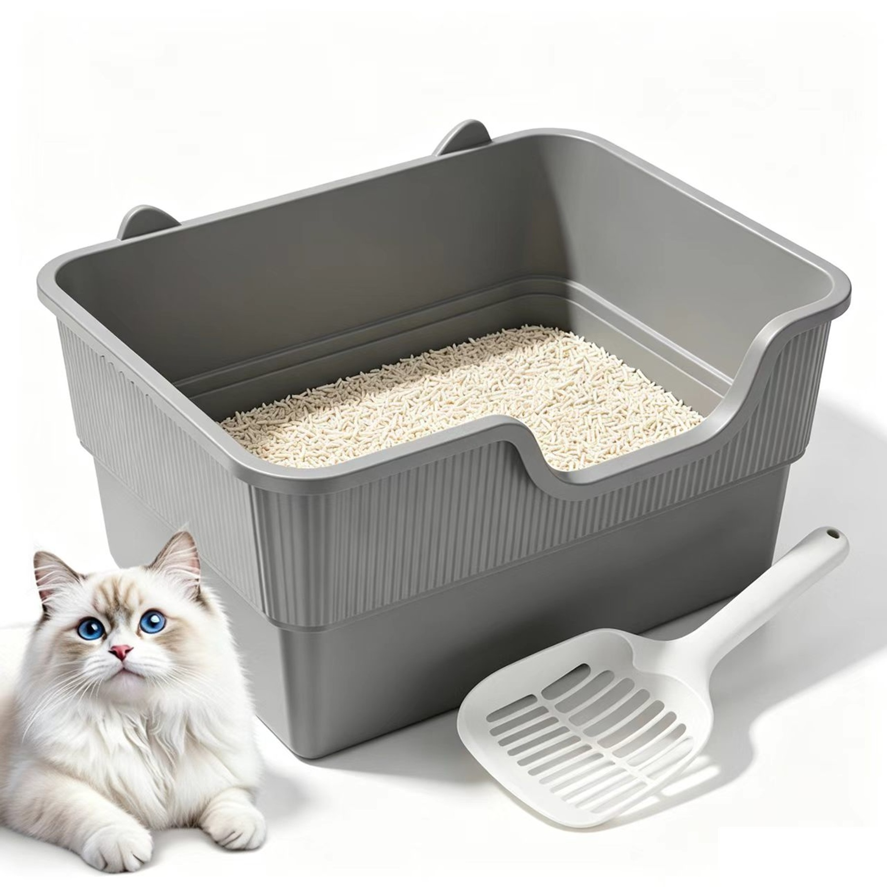 Eine Katze liegt neben einer grauen Katzentoilette mit Streu und einer Schaufel.