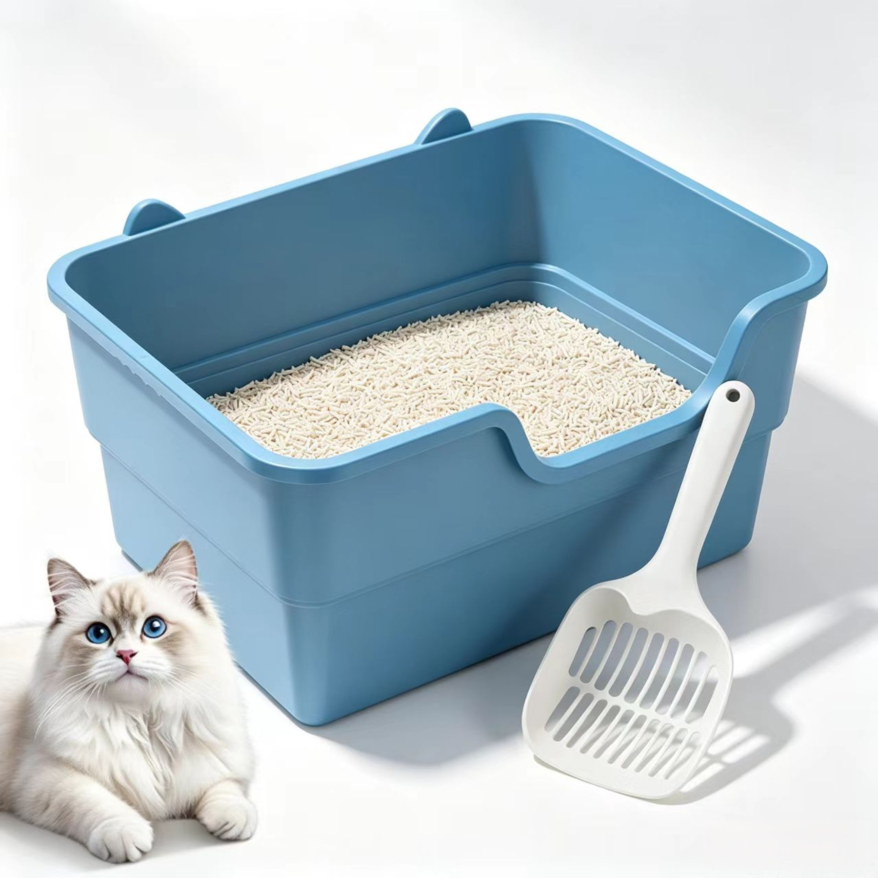 Eine blaue Katzentoilette mit Streu und einer weißen Schaufel daneben. Eine Katze liegt links.