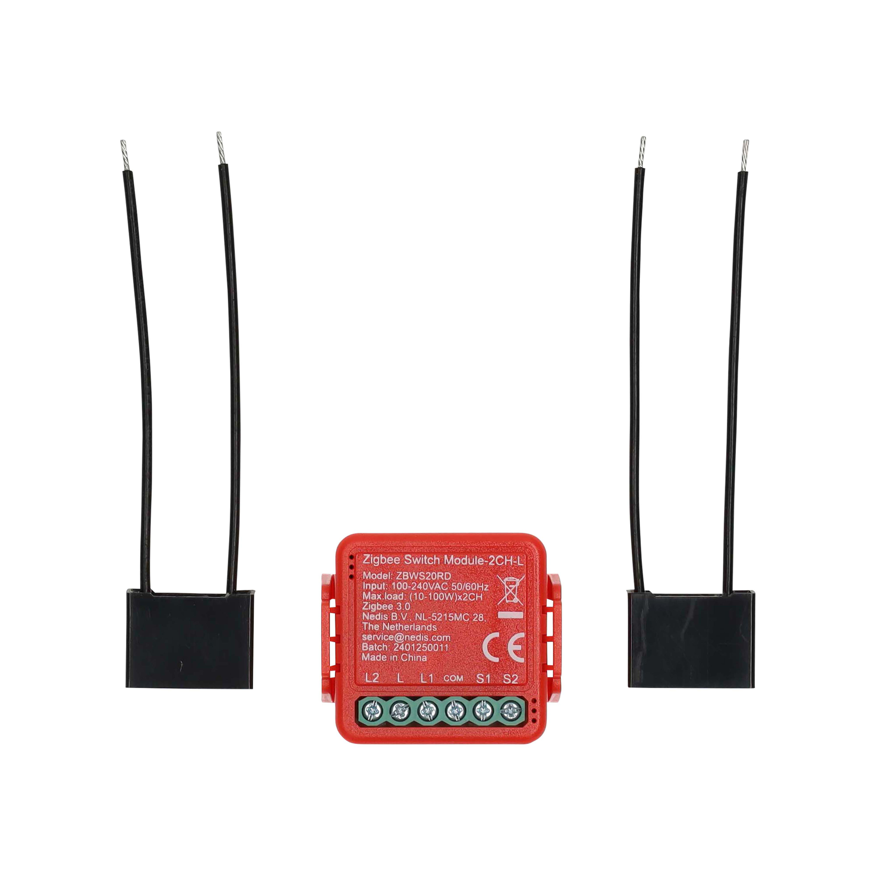 Ein rotes Zigbee-Schaltmodul mit schwarzen Kabeln und einem schwarzen Kondensator.