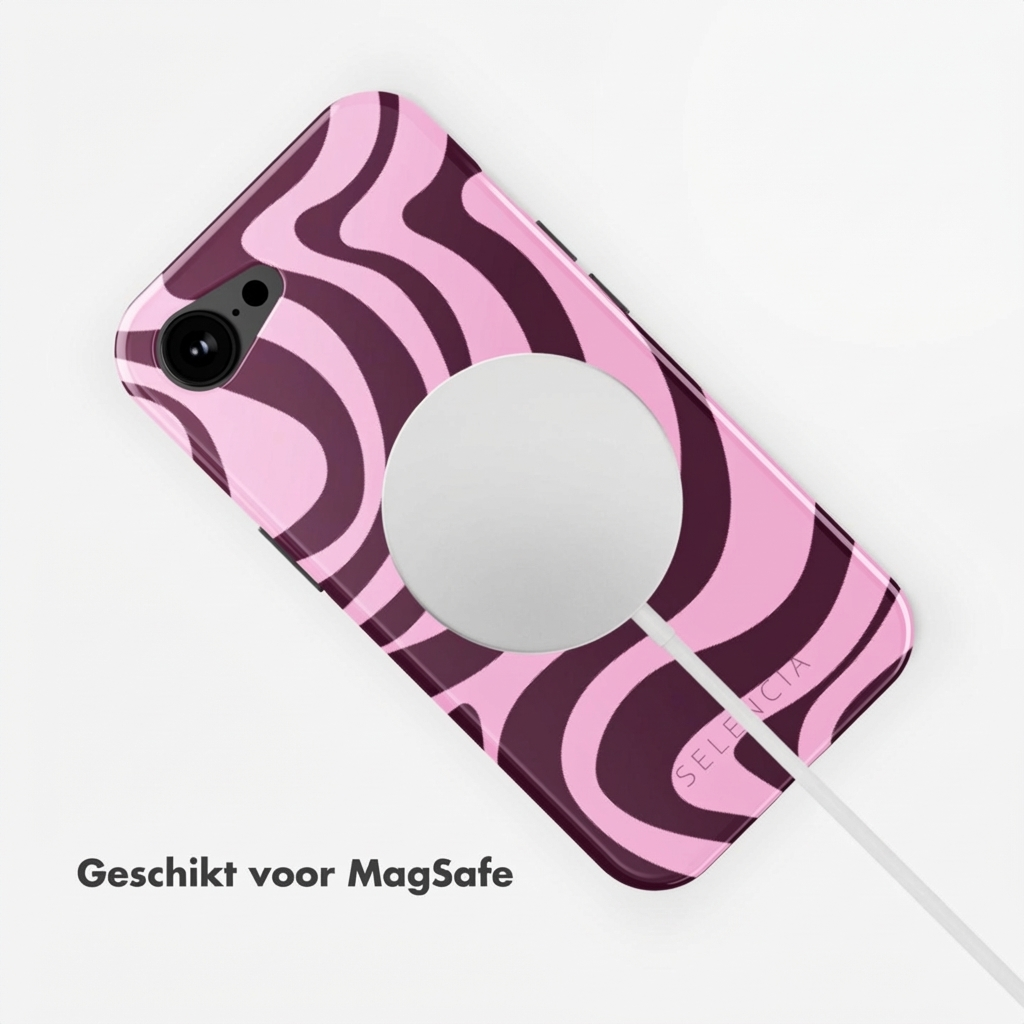 Une coque de téléphone rose à vagues marron, connecteur MagSafe et câble.