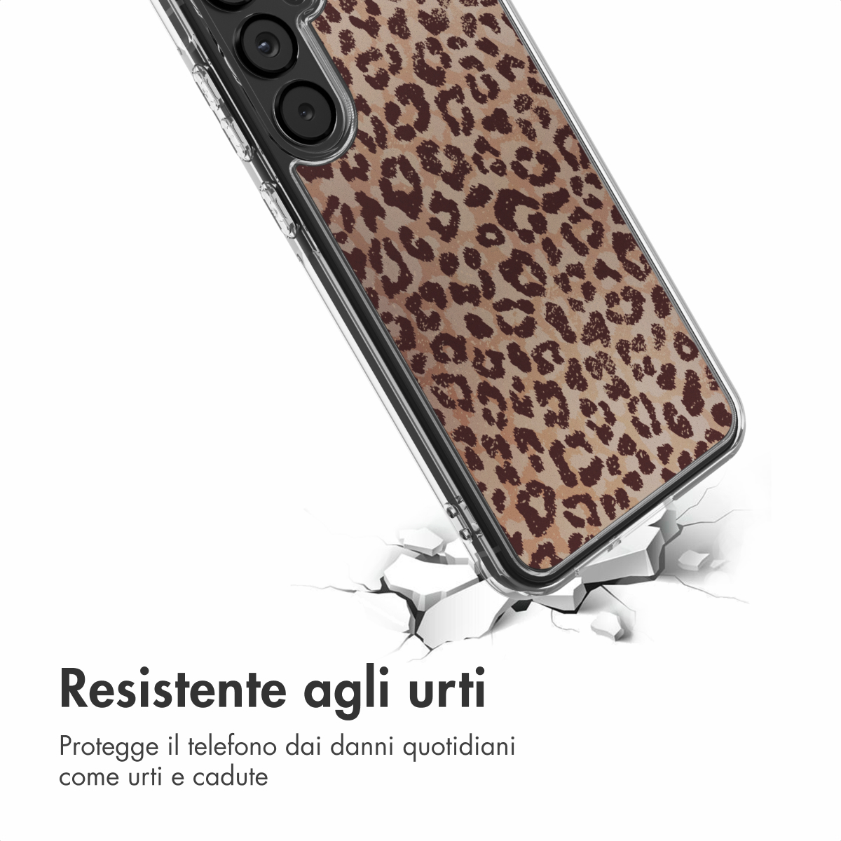 Telefoonhoesje met luipaardprint op gebarsten ondergrond, schokbestendig.