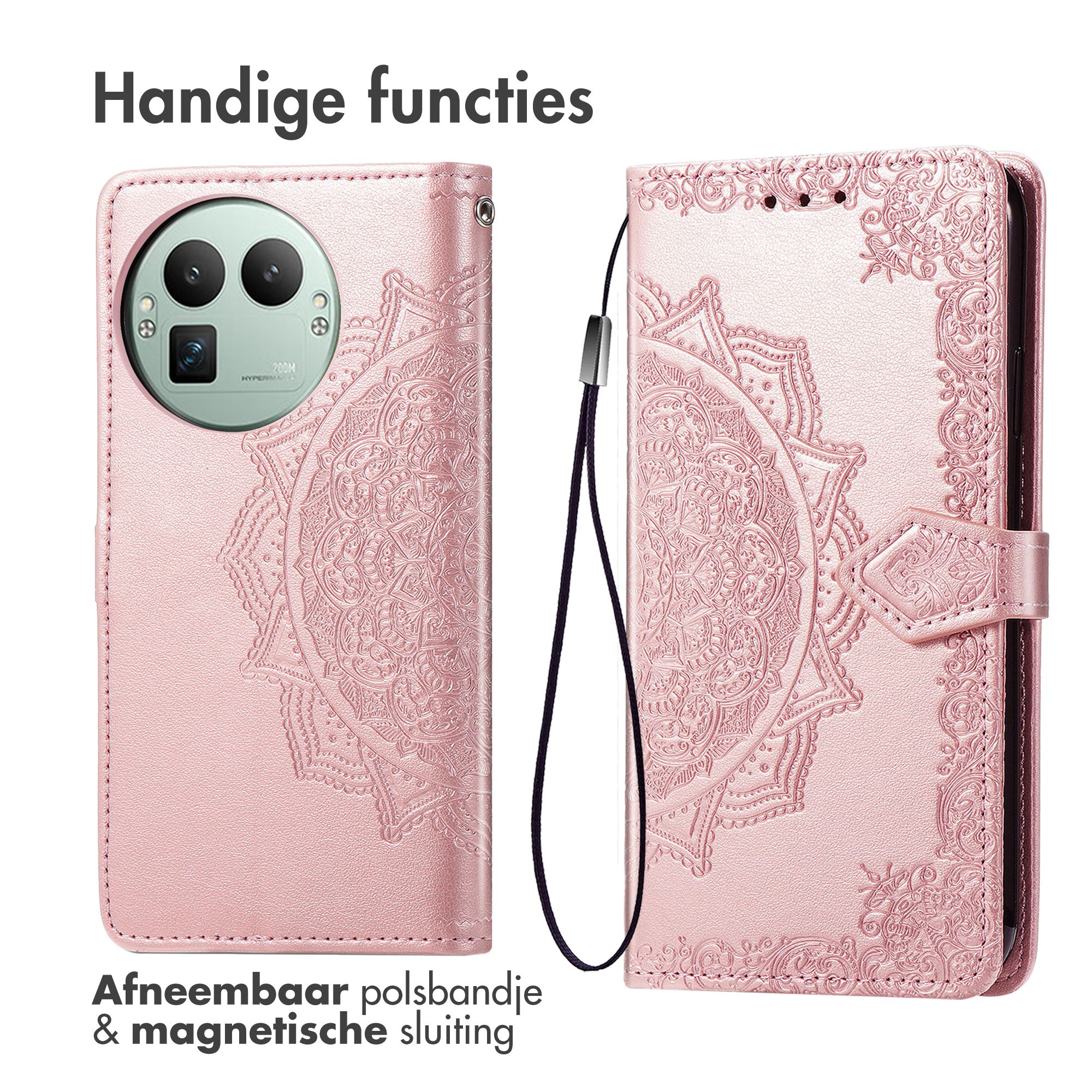 Roze telefoonhoes met mandala patroon, camerazicht en bandje.