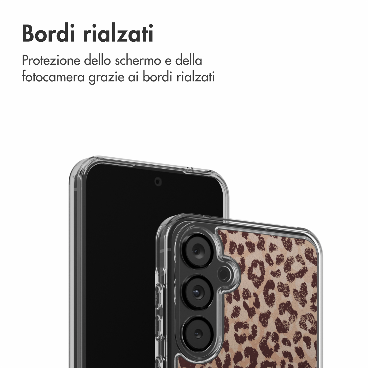 Een smartphone met een luipaardprint hoesje en verhoogde randen.