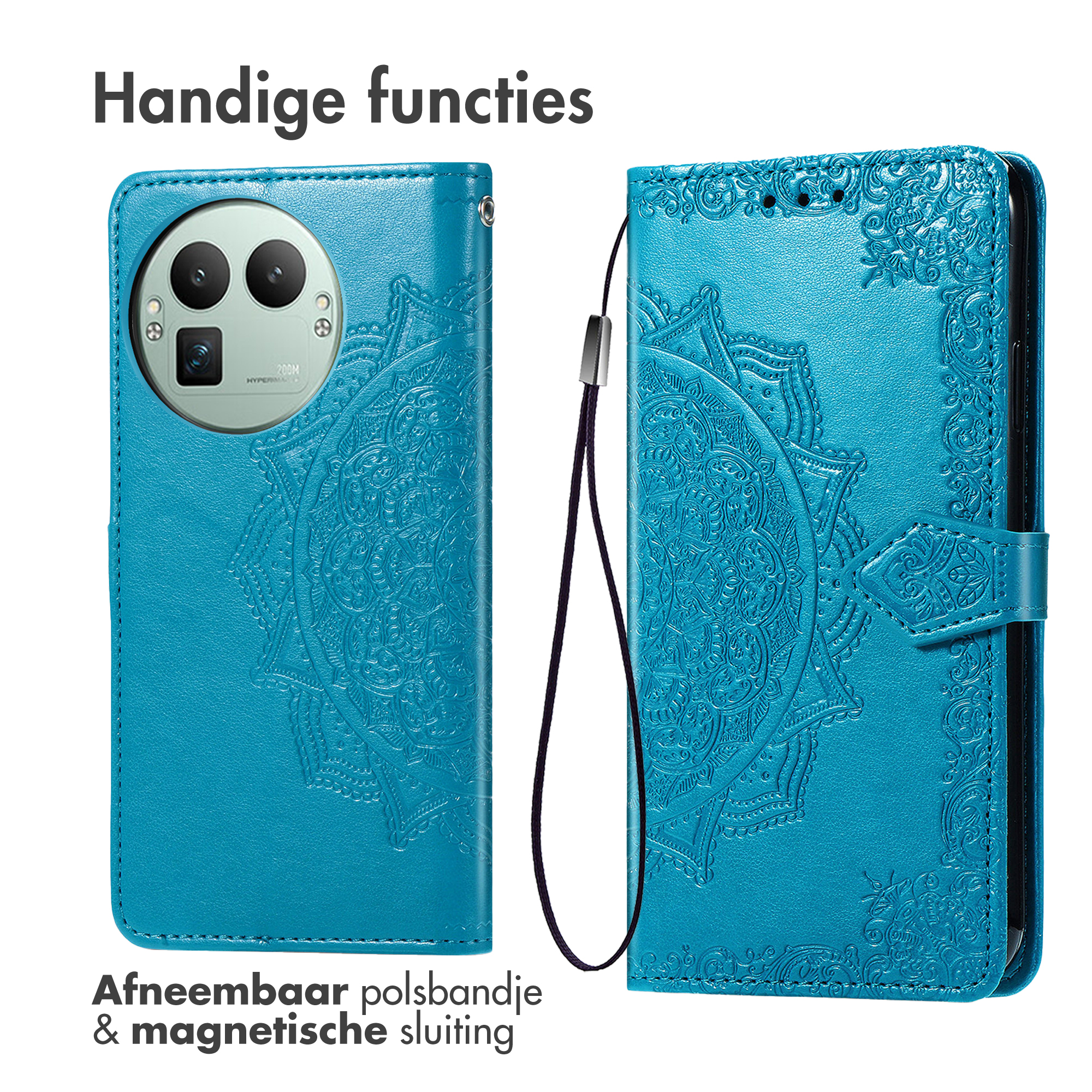 Blauwe telefoonhoes met reliëf mandala, camerabescherming en polsband.