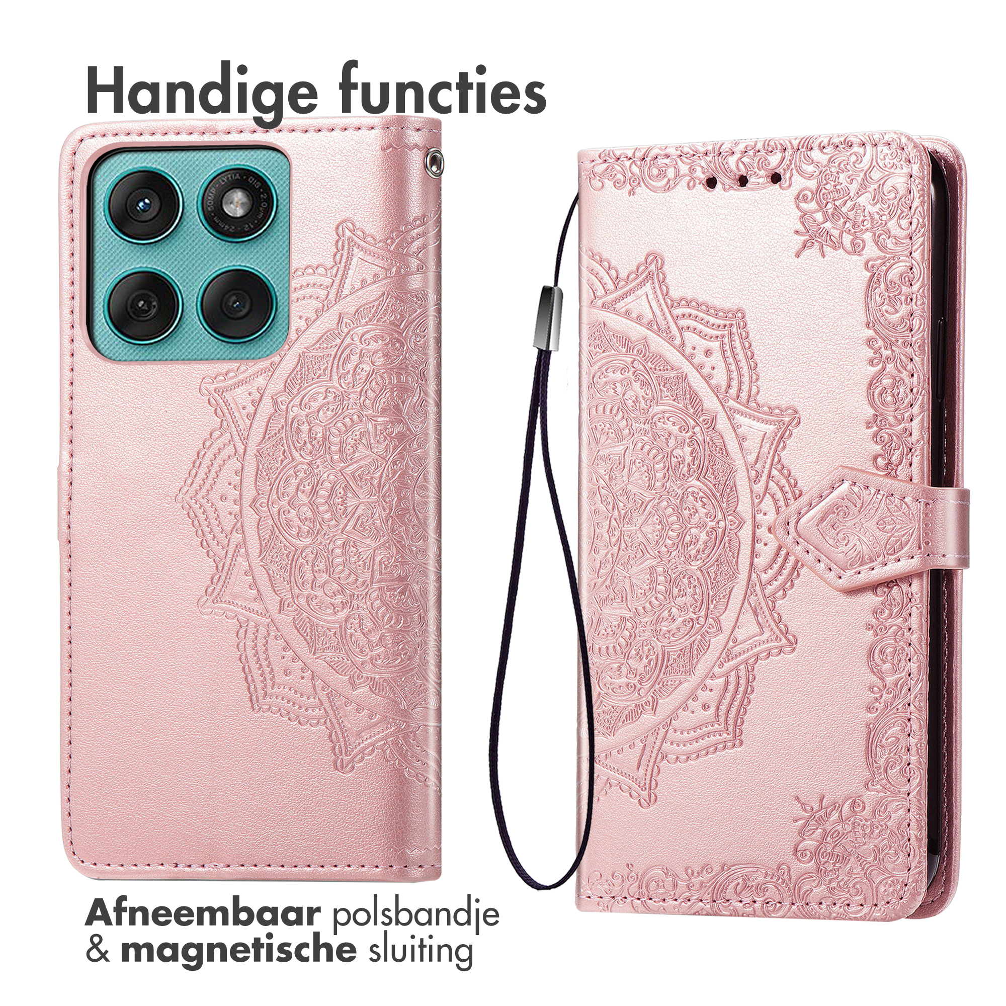 Een roze telefoonhoes met reliëf mandala en afneembare polsband.