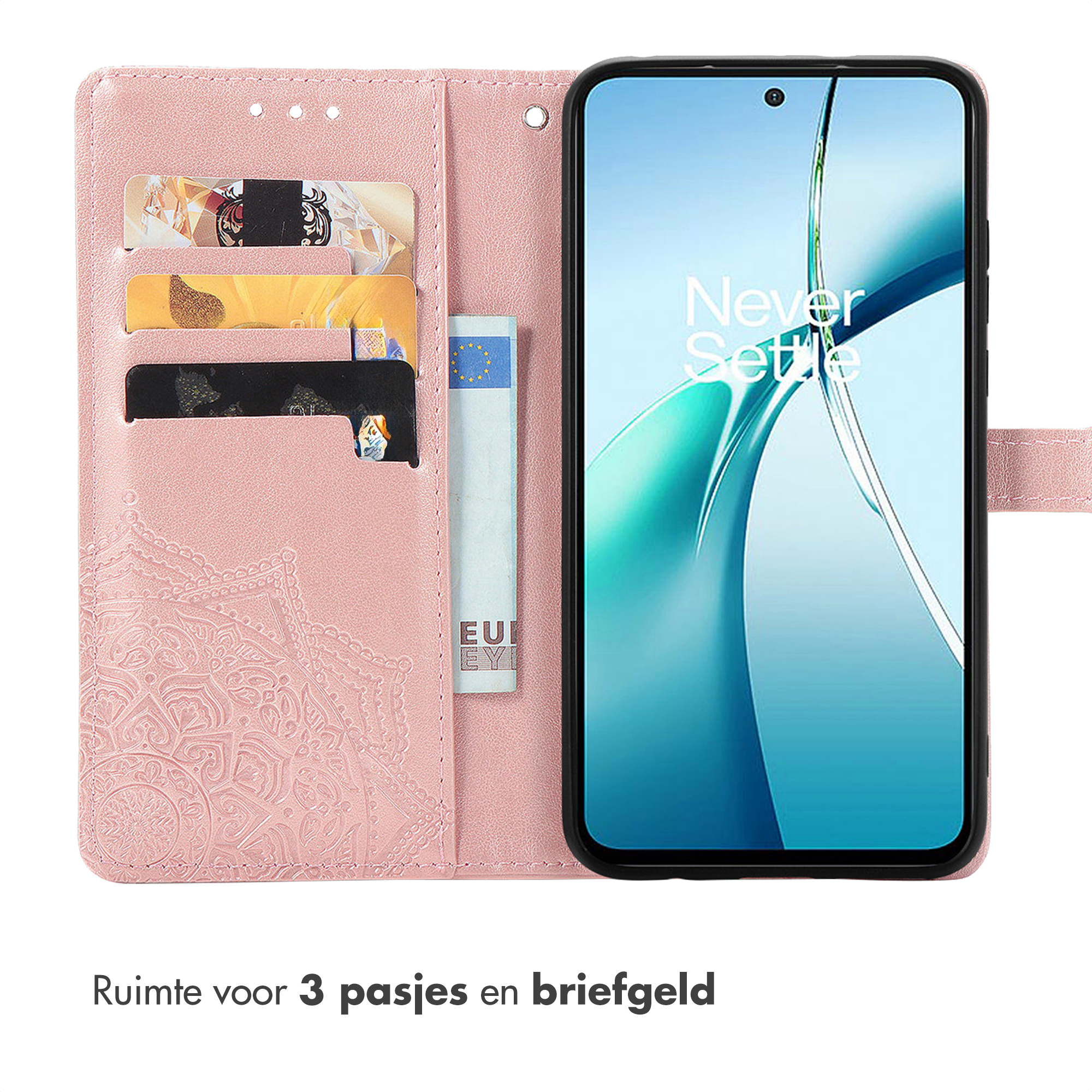 Roze telefoonhoes met kaarthouders en mandala patroon.