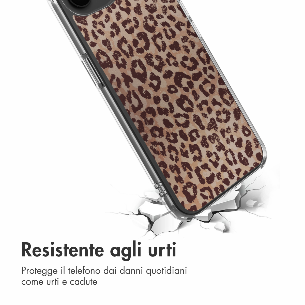Een telefoonhoesje met luipaardprint valt op gebarsten grond.